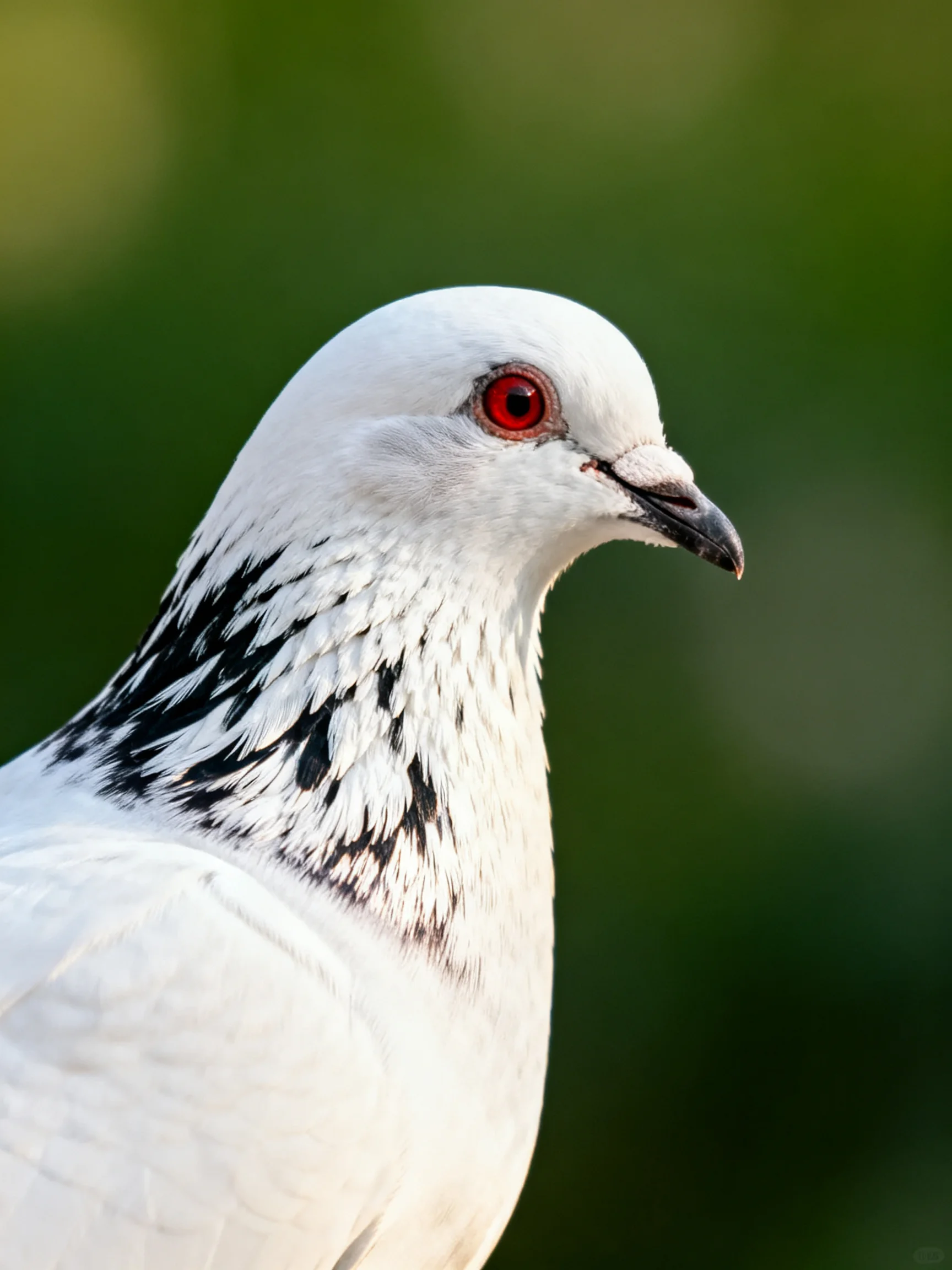 A white pigeon with black neck markings and red eye