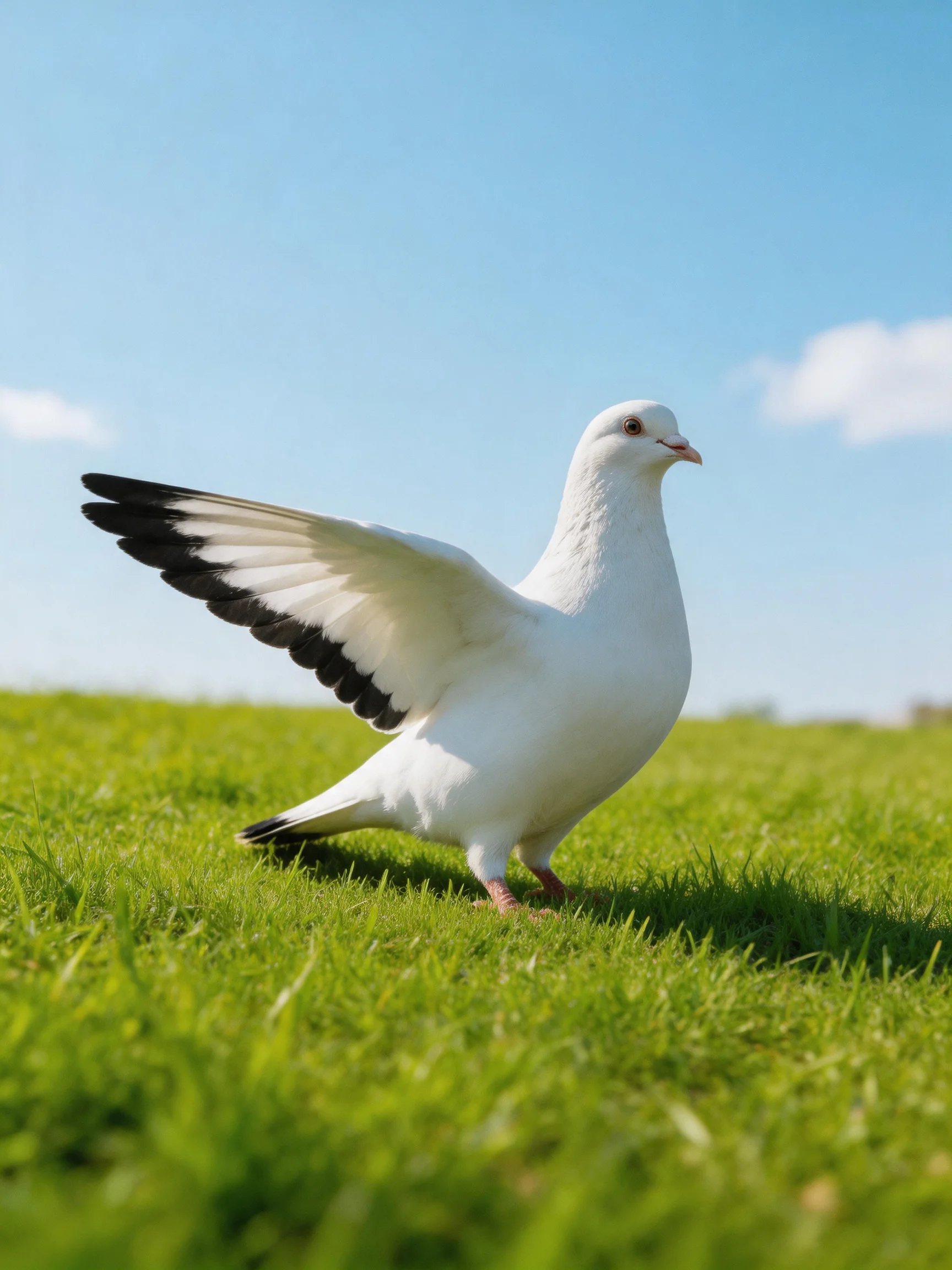 A white pigeon with black-tipped wings on lush green grass