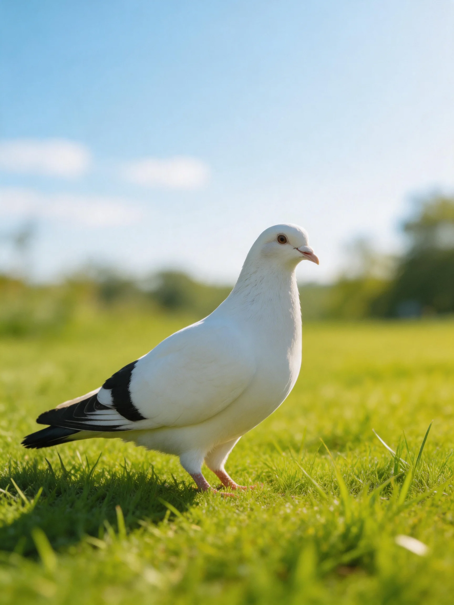 A white pigeon with black-tipped wings on lush green grass