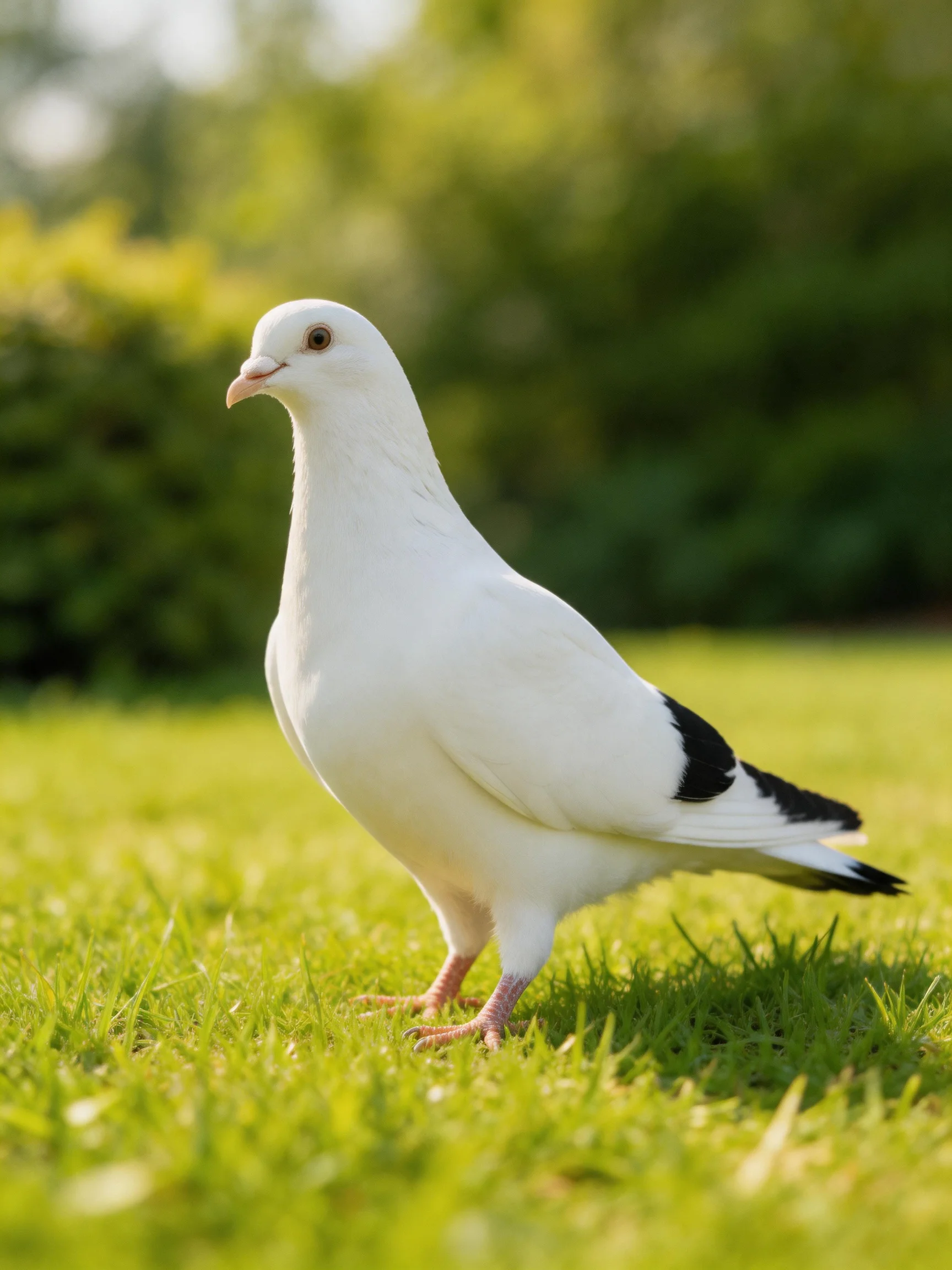 A white pigeon with black-tipped wings on lush green grass