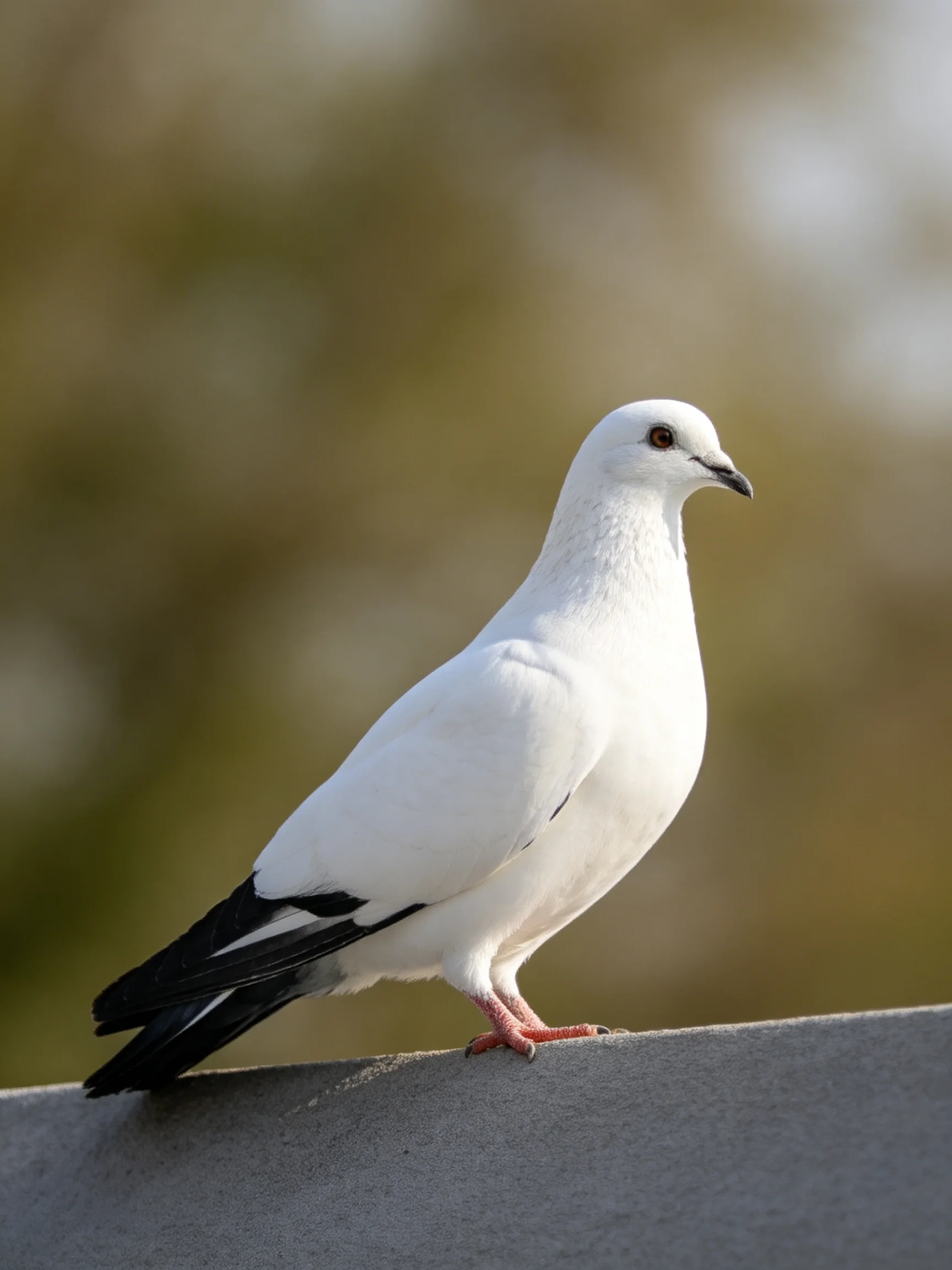 A white pigeon with black tail feathers perches on a gray ledge.