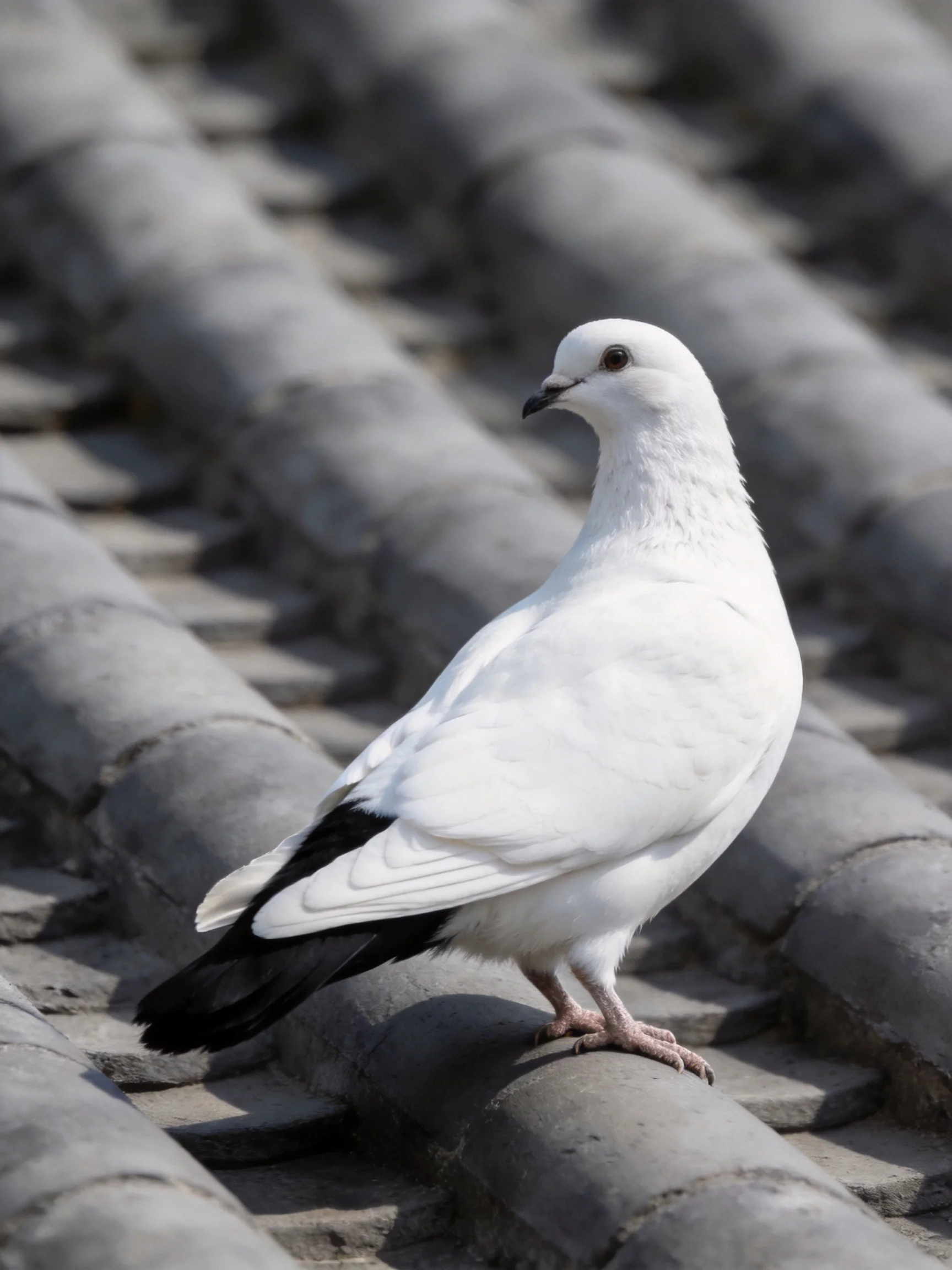 A white pigeon with black-tipped wings sits on gray roof tiles