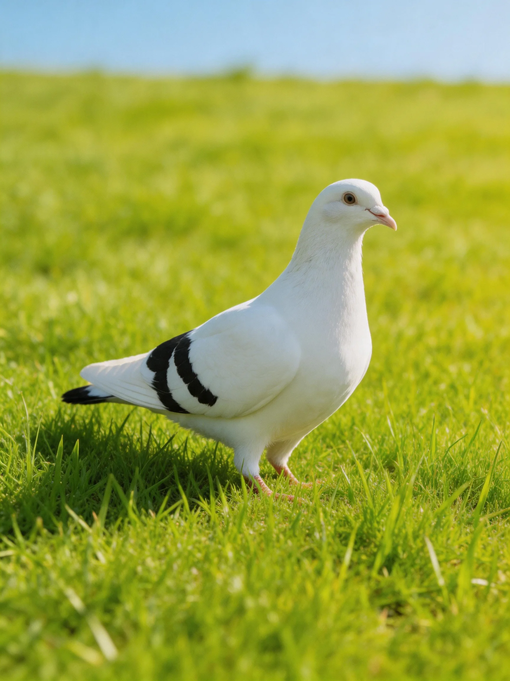 A white pigeon with black wing markings on lush green grass