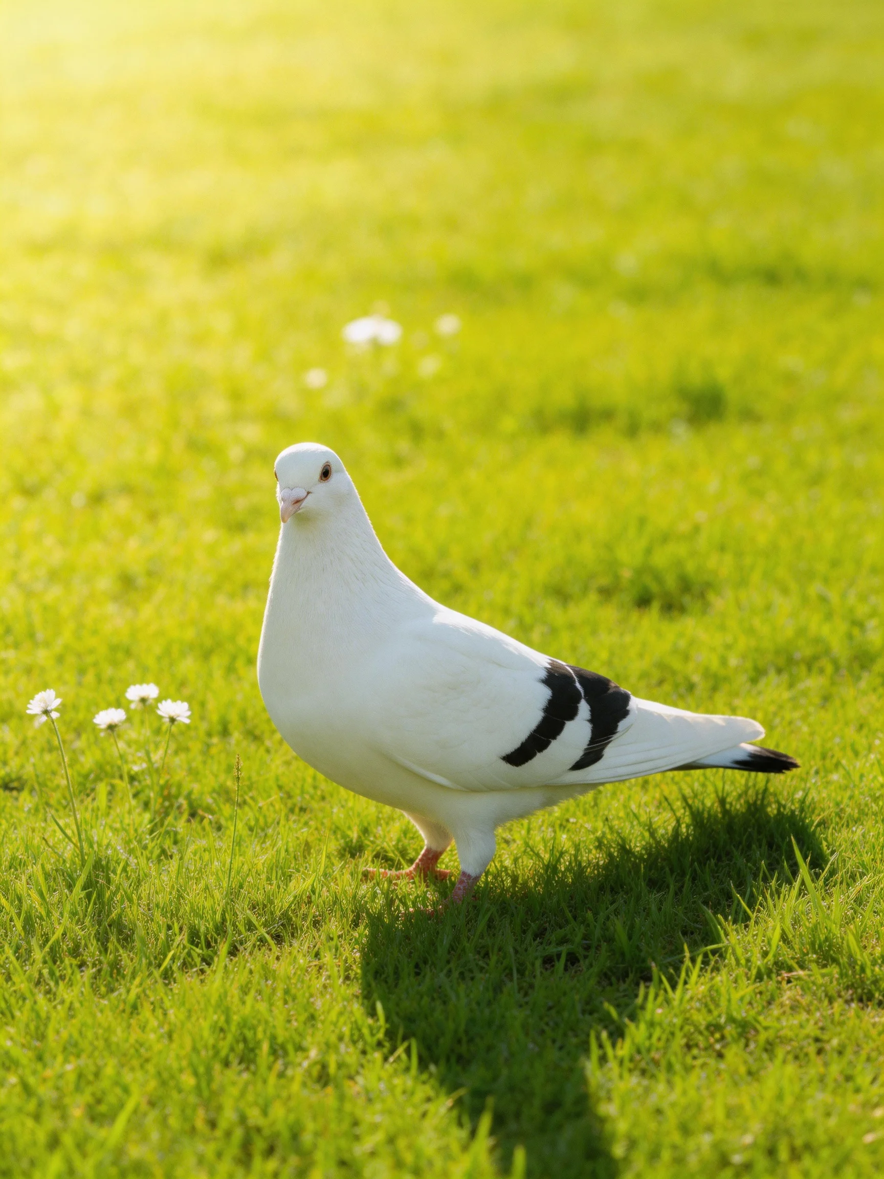 A white pigeon with black wing markings stands on lush green grass