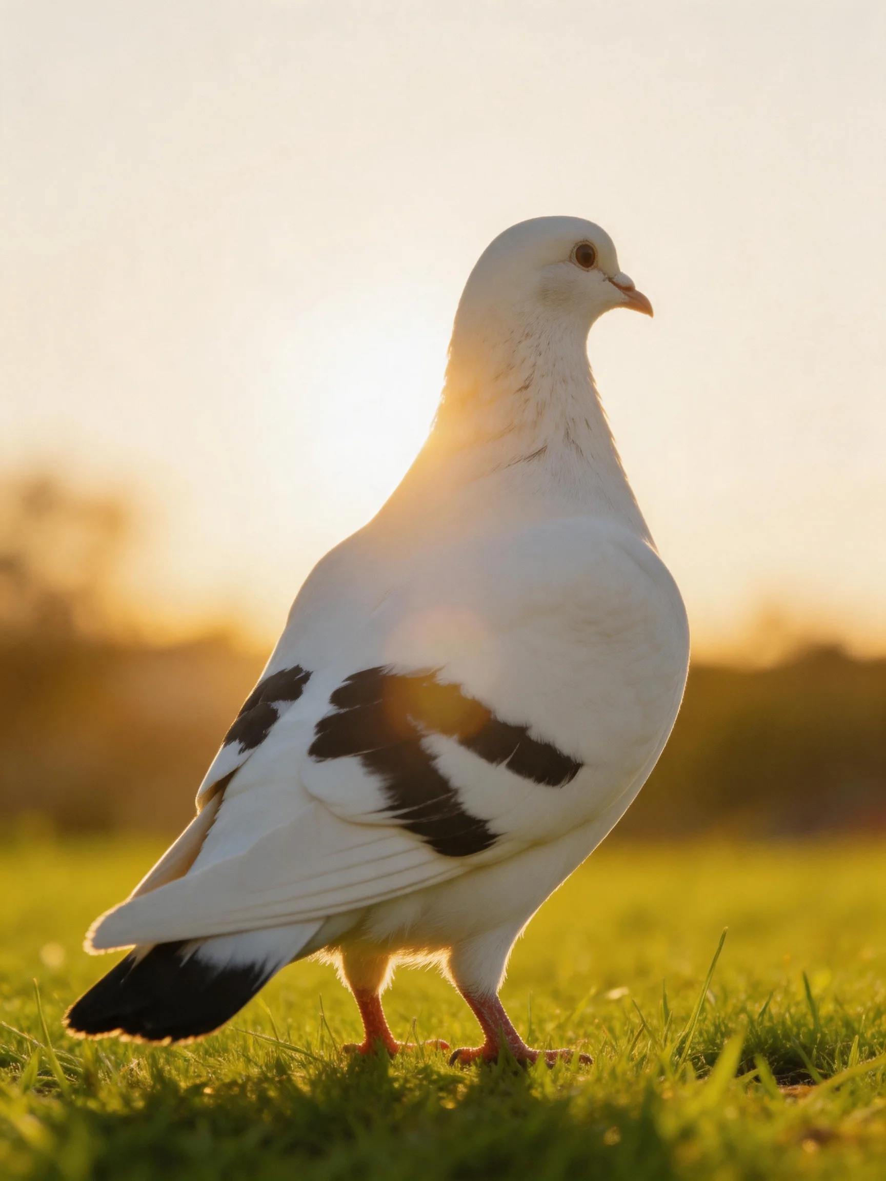 A white pigeon with black wing patches on green grass at sunset