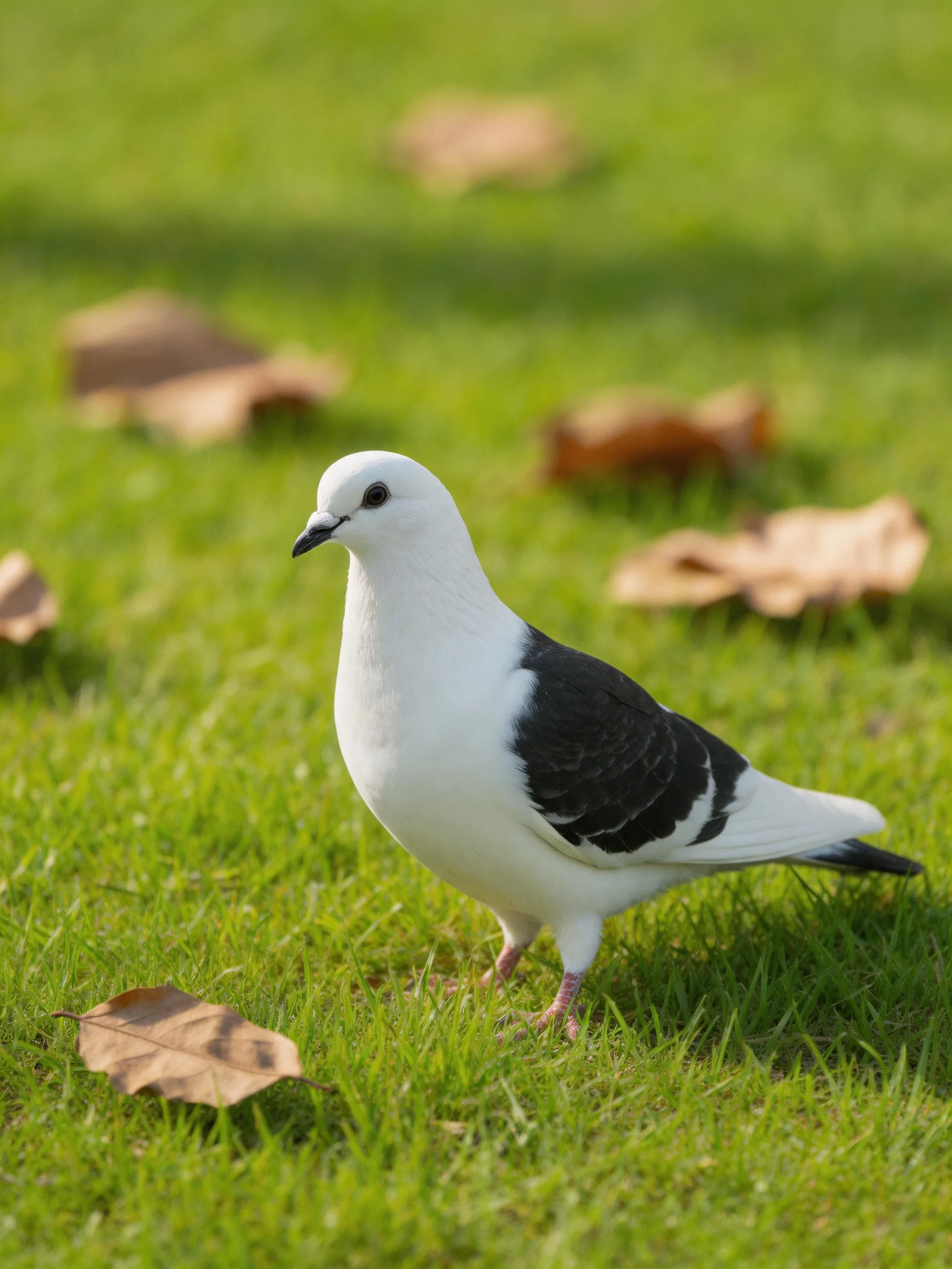 A white pigeon with black wing patches on green grass near brown leaves