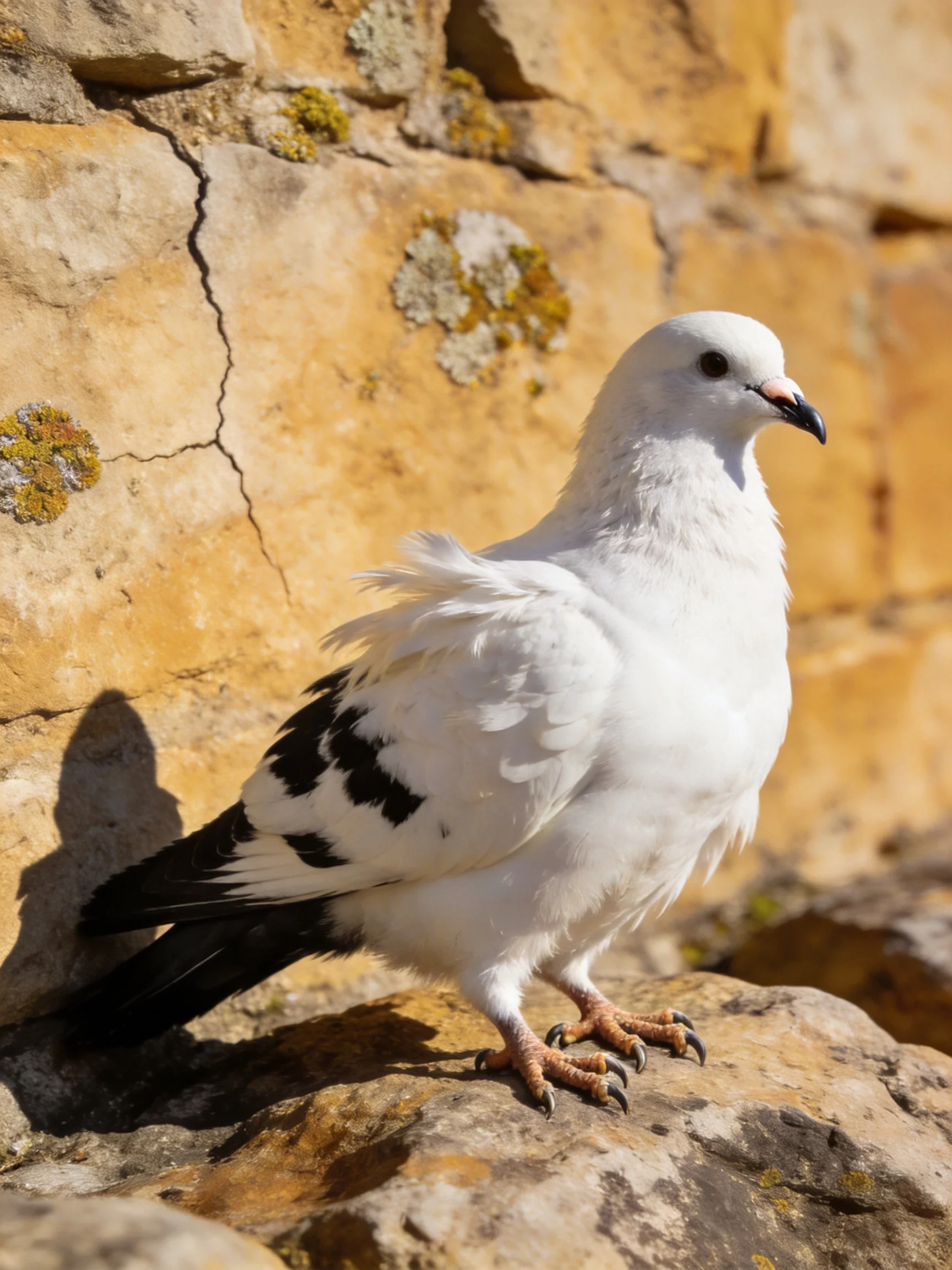 A white pigeon with black wing patches perched on a weathered stone wall