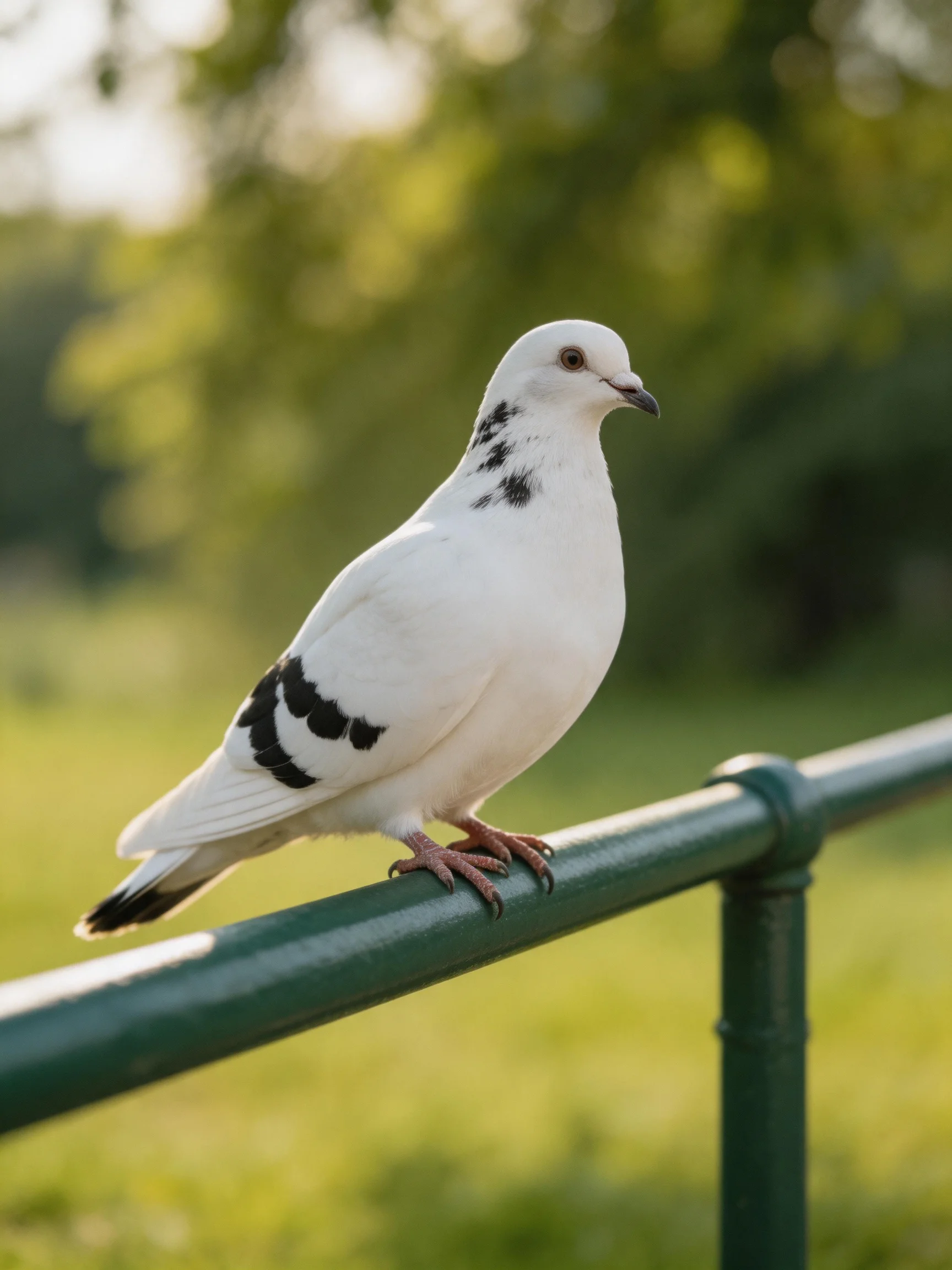 A white pigeon with black wing patches perches on a green metal railing
