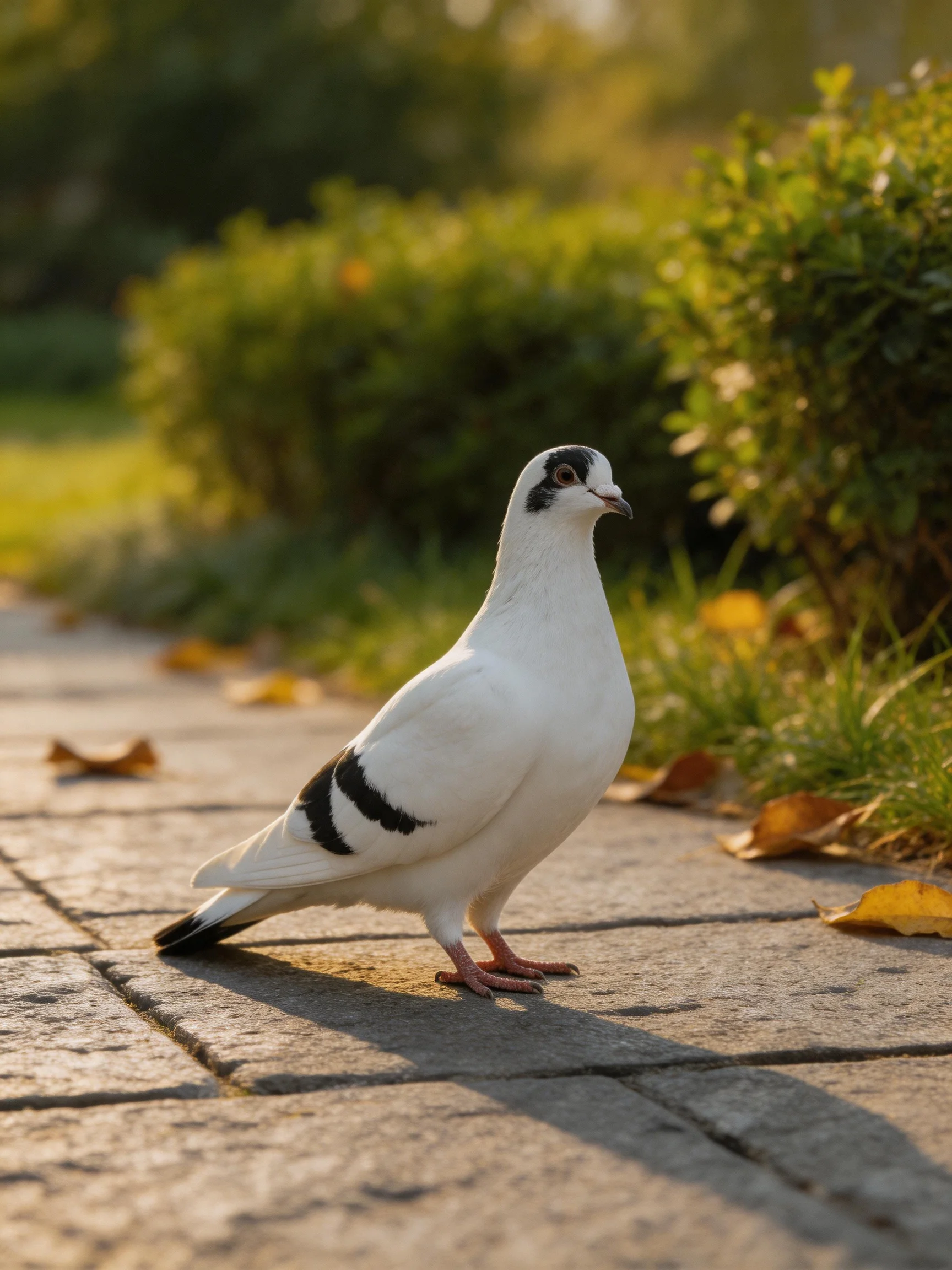 A white pigeon with black wing patches stands on a stone path near green shrubs