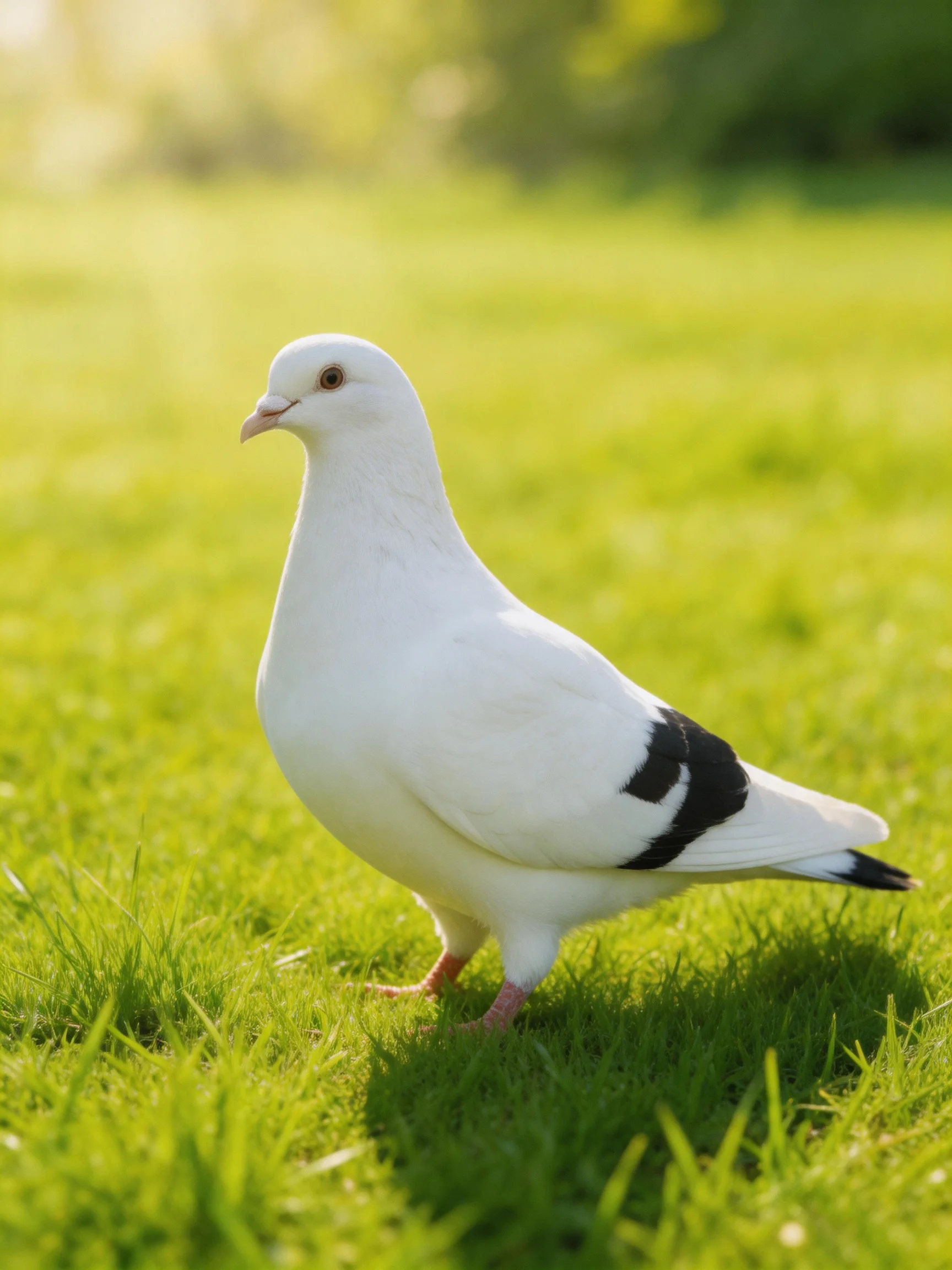 A white pigeon with black wing patches stands on lush green grass