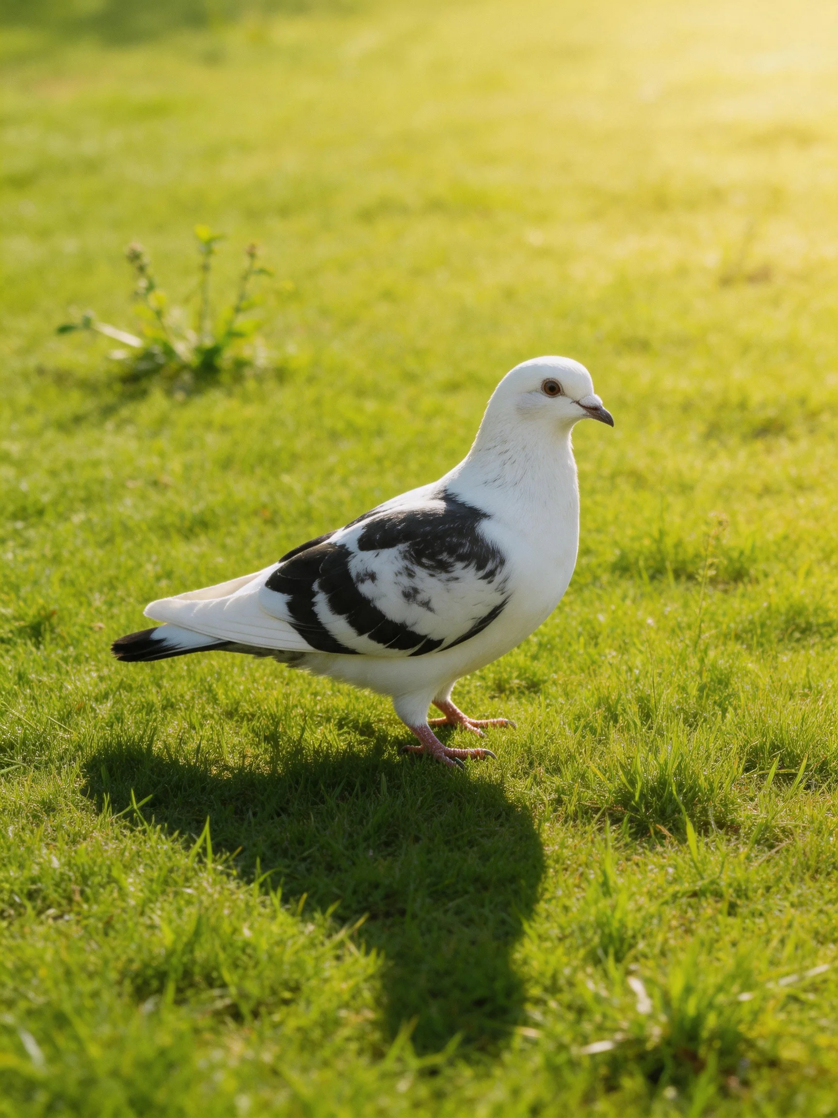 A white pigeon with black wing patches stands on lush green grass