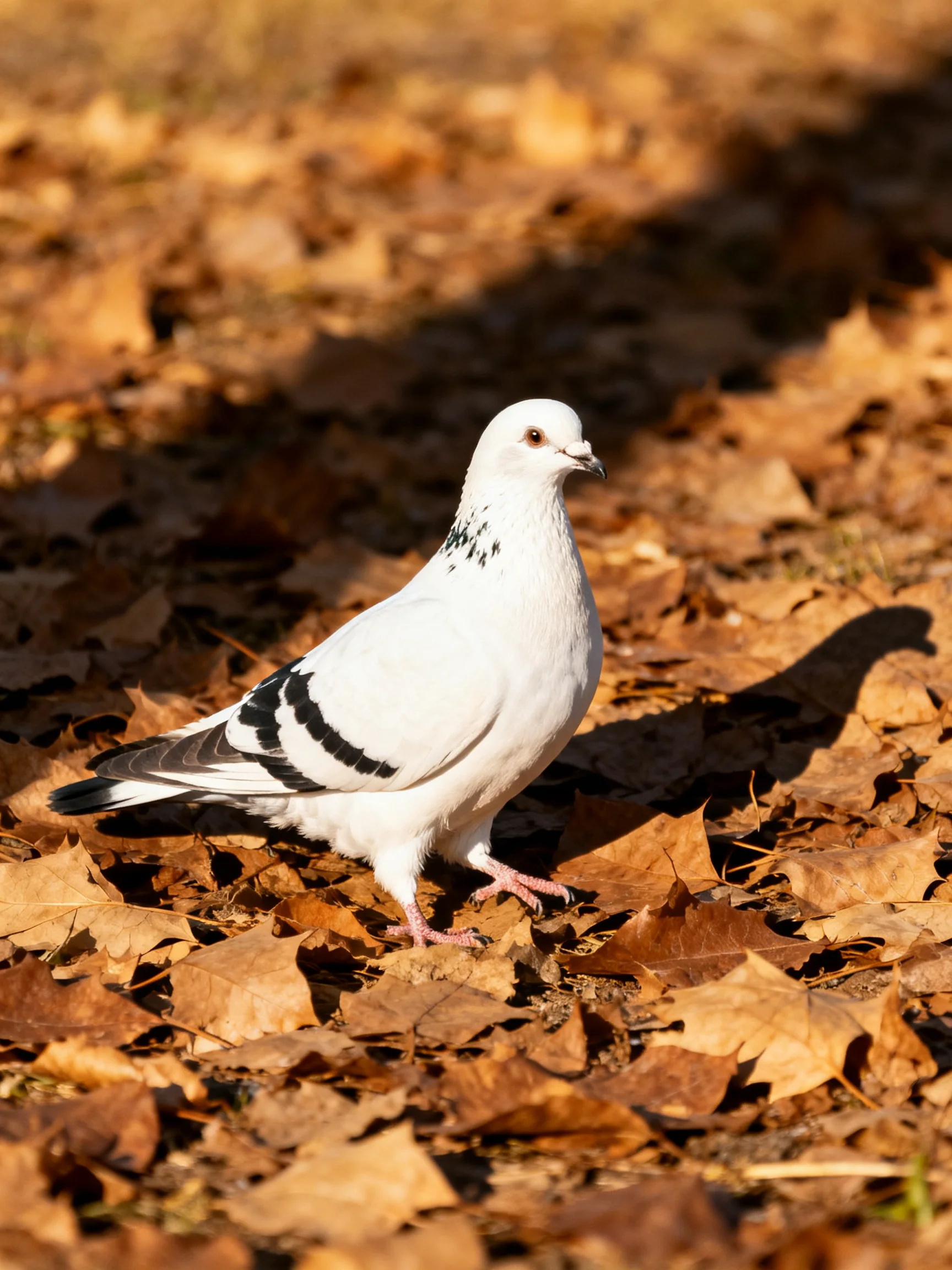 A white pigeon with black wing stripes amid golden-brown fallen leaves