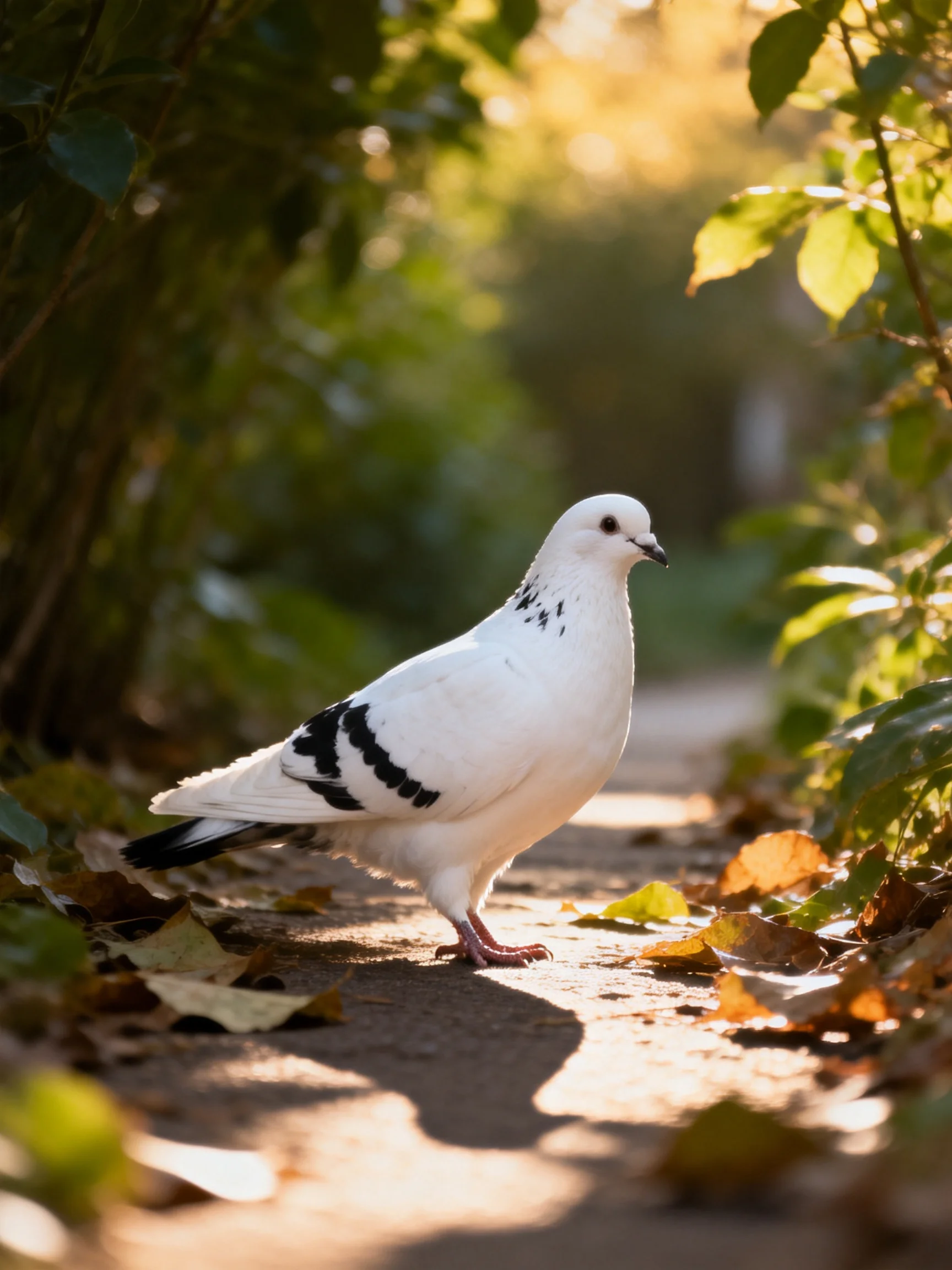 A white pigeon with black wing stripes on a sunlit leaf-strewn path