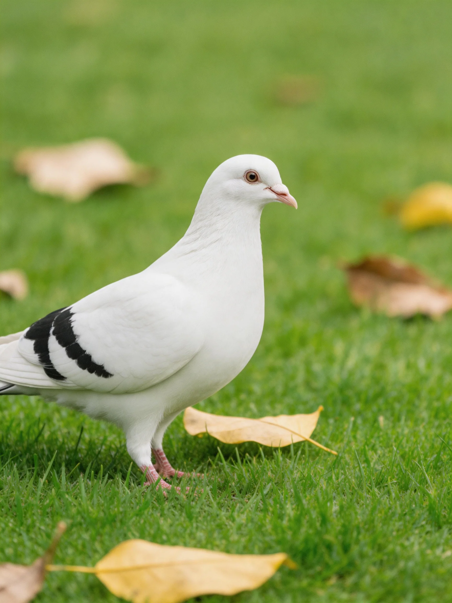 A white pigeon with black wing stripes on green grass amid yellow leaves