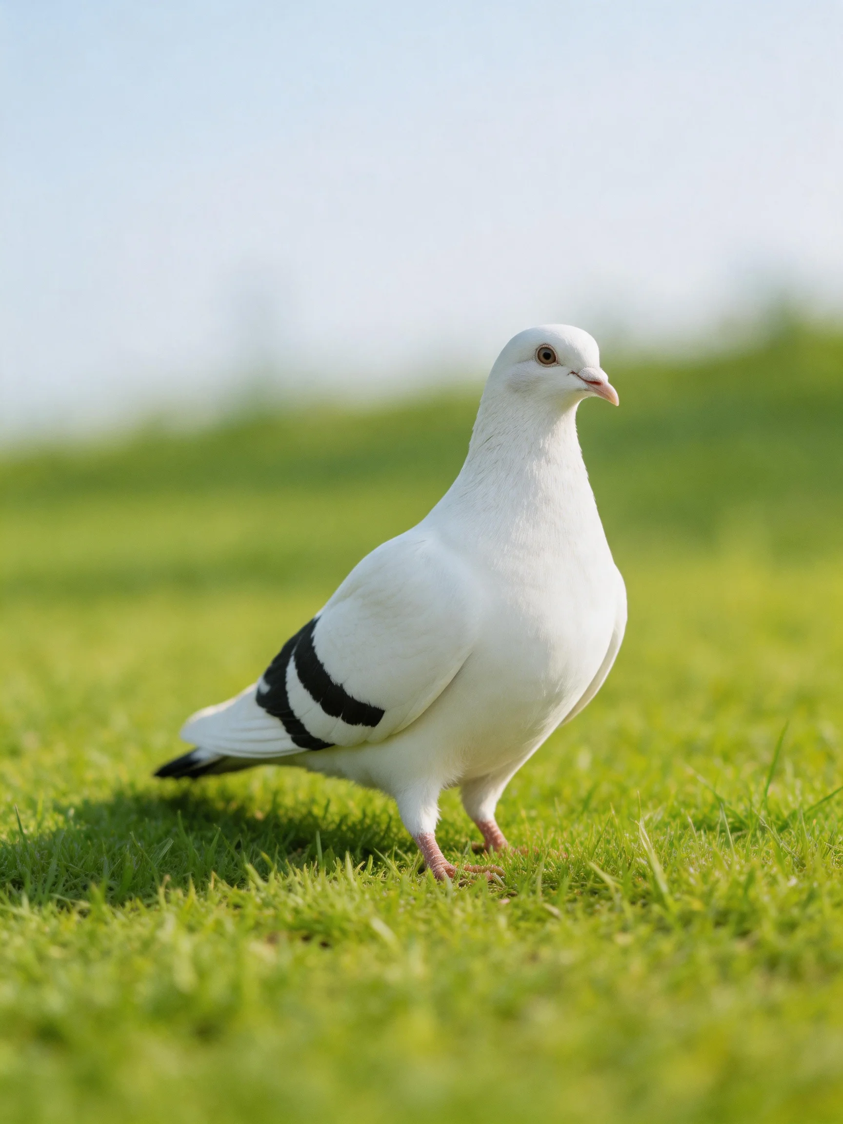 A white pigeon with black wing stripes on lush green grass