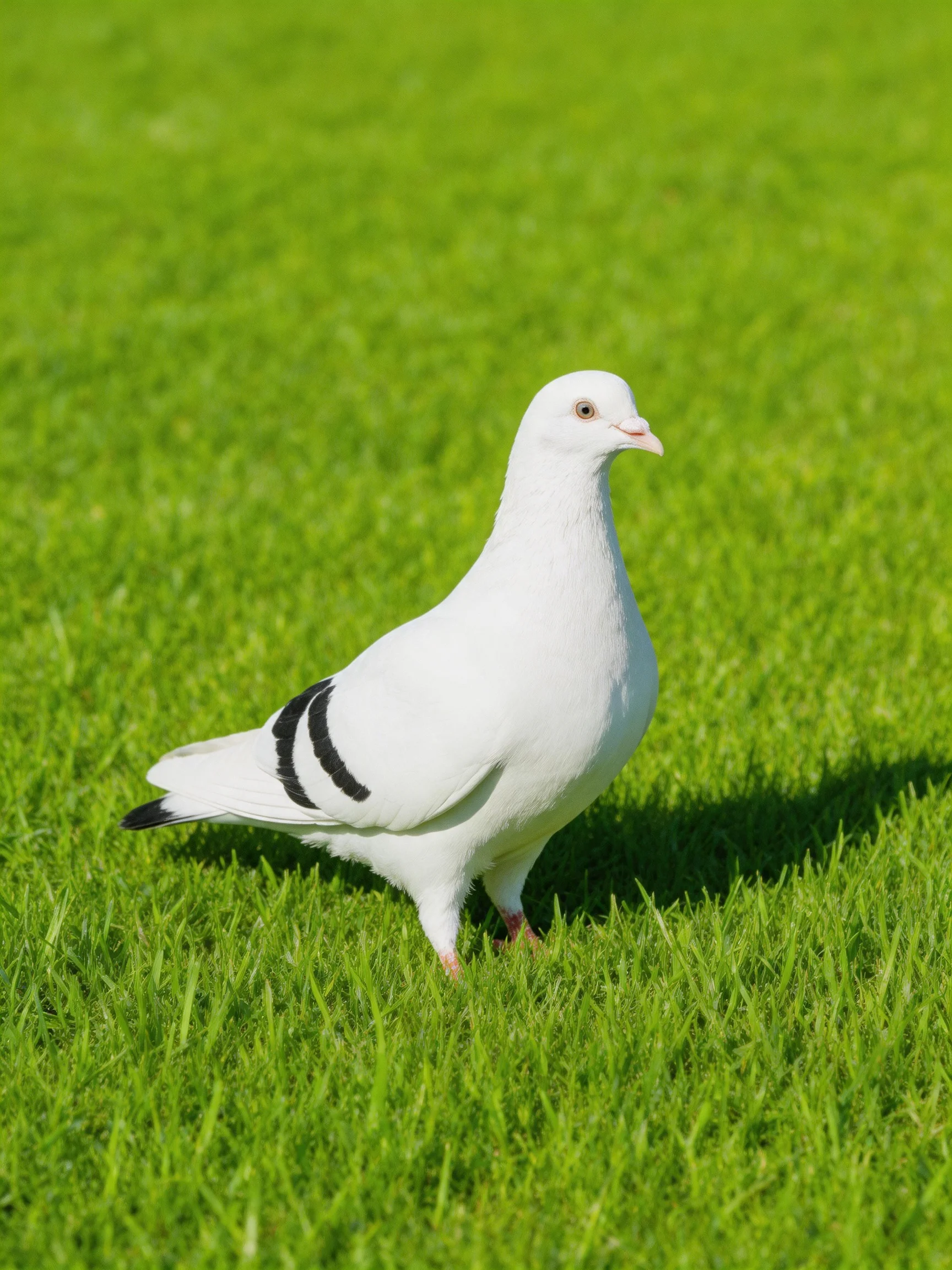 A white pigeon with black wing stripes on lush green grass