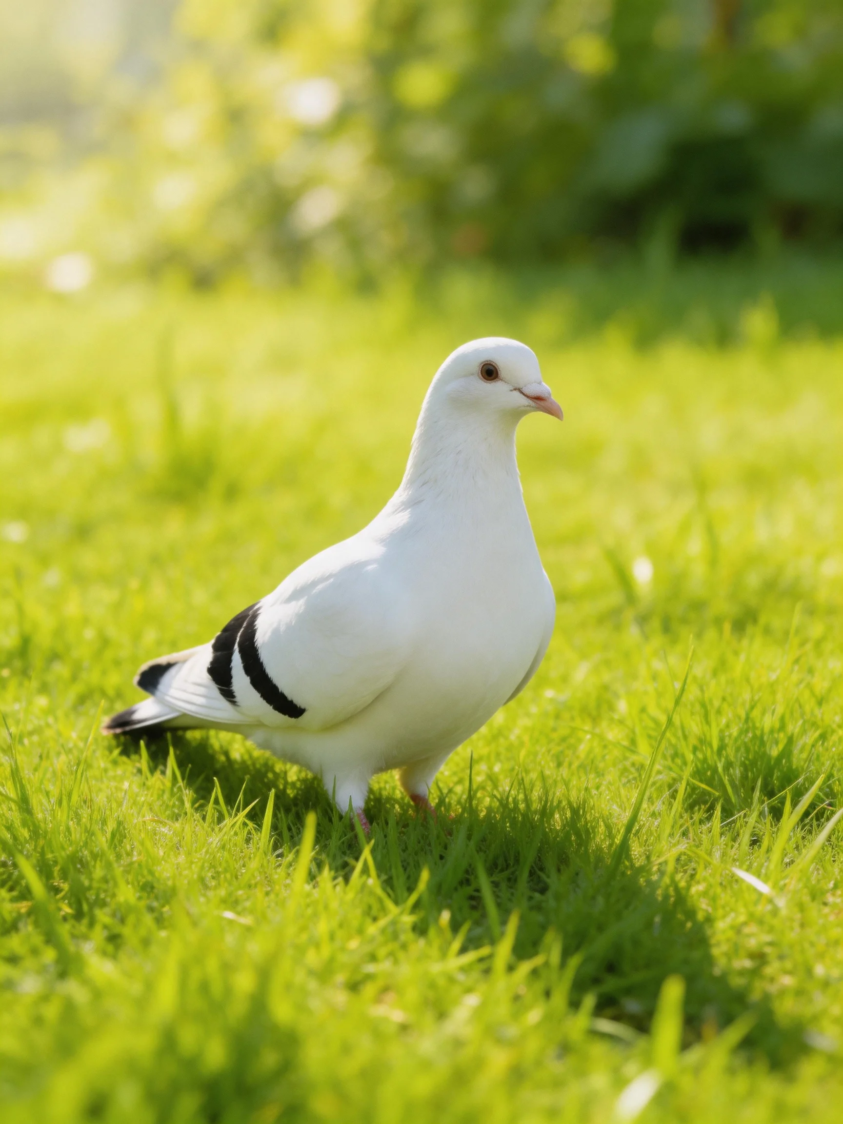 A white pigeon with black wing stripes on lush green grass