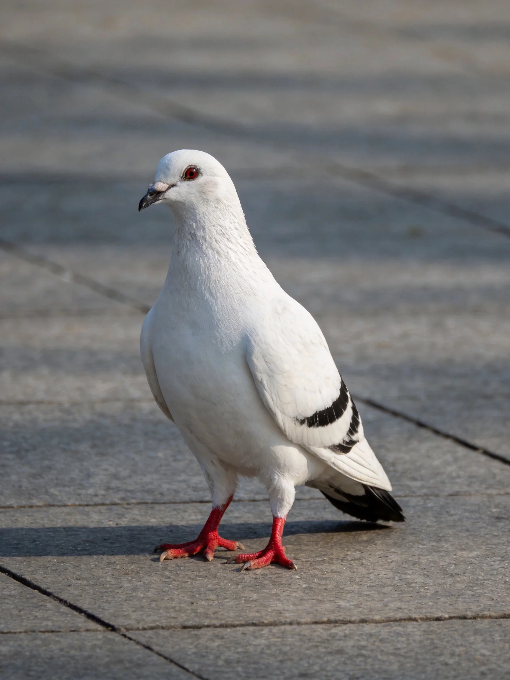 A white pigeon with black wing stripes on stone pavement