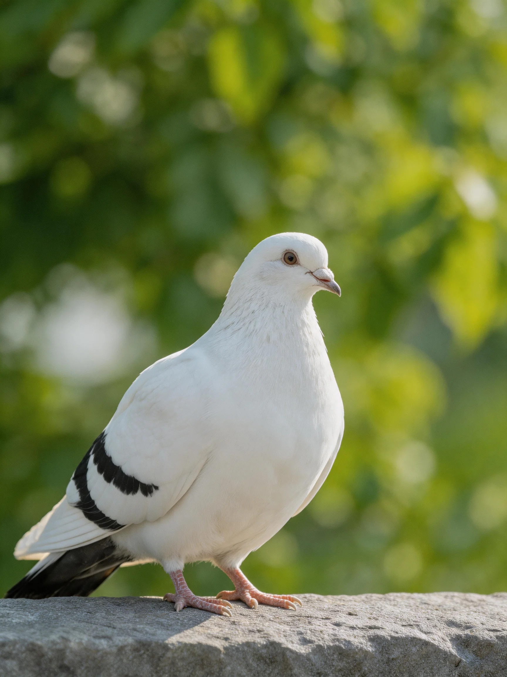 A white pigeon with black wing stripes perched on a stone ledge