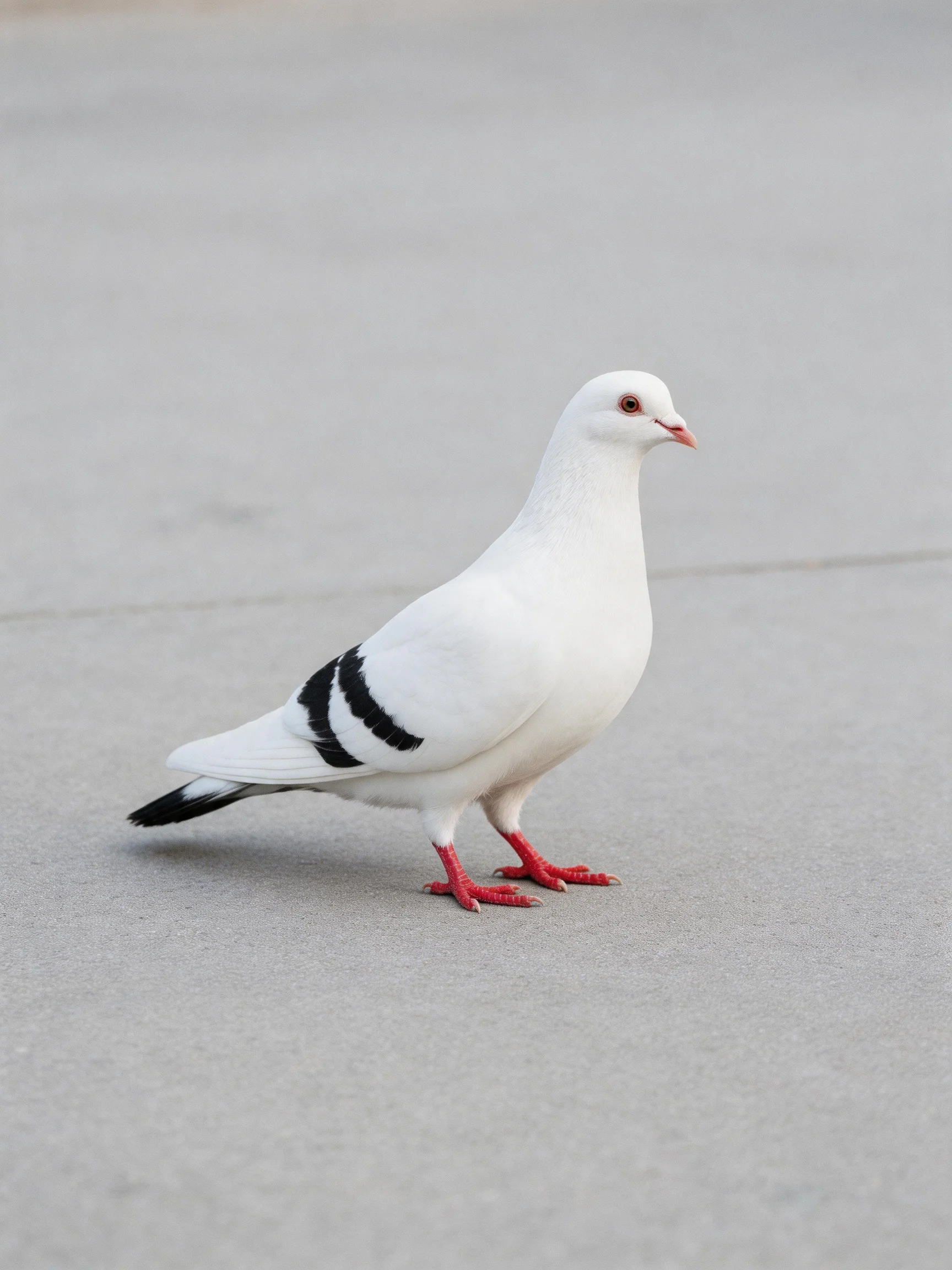 A white pigeon with black wing stripes stands on smooth gray pavement
