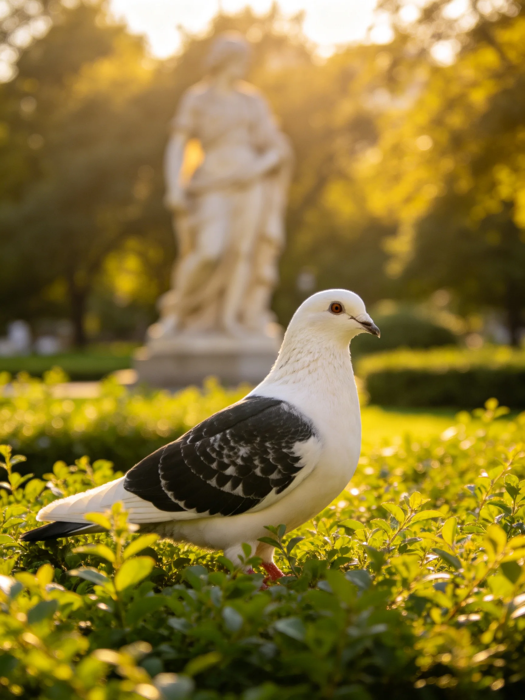 A white pigeon stands in green foliage near a statue under warm sunlight.