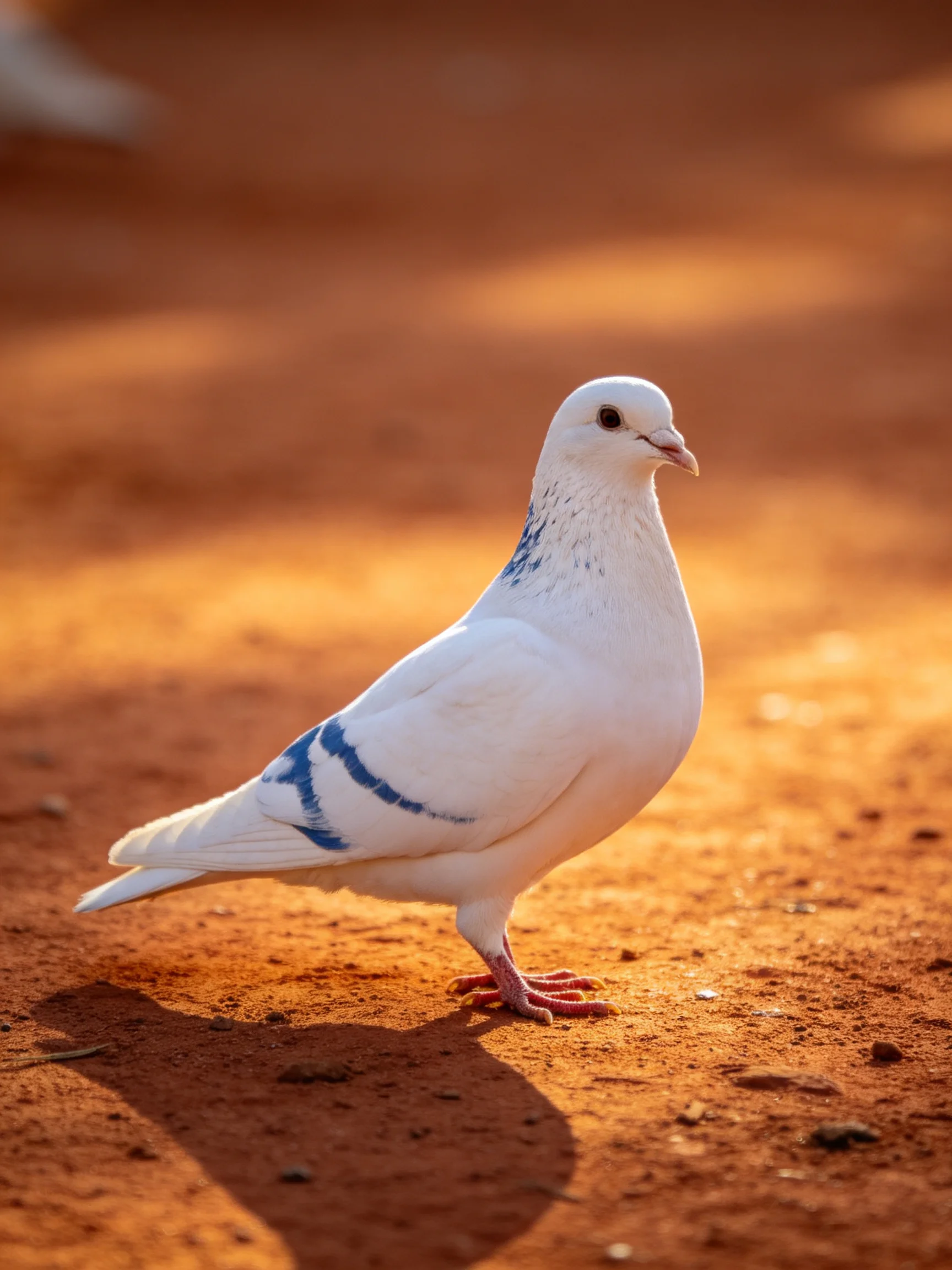 A white pigeon with blue markings on reddish dirt under warm sunlight