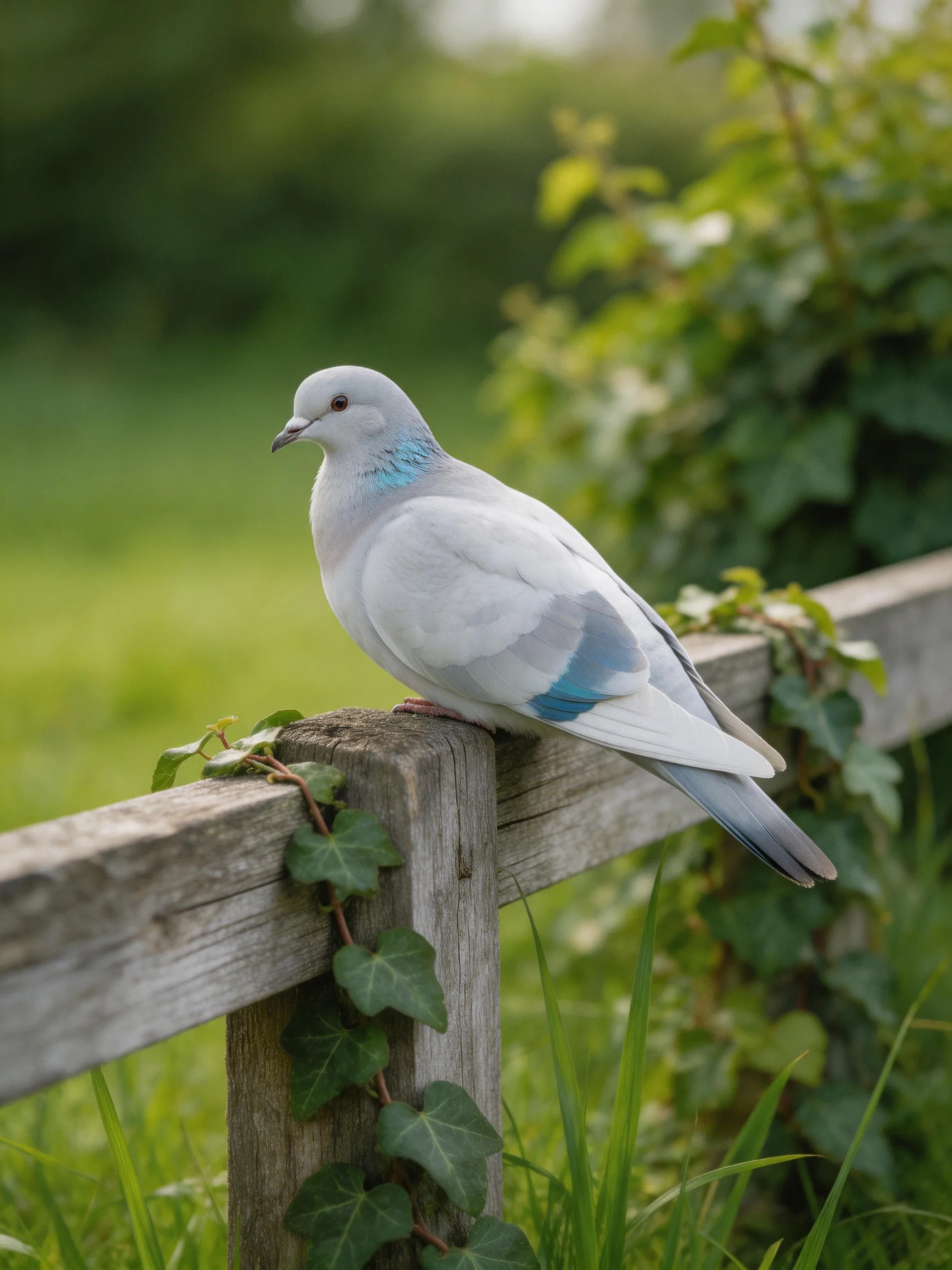 A white pigeon with blue markings perches on an ivy-covered wooden fence