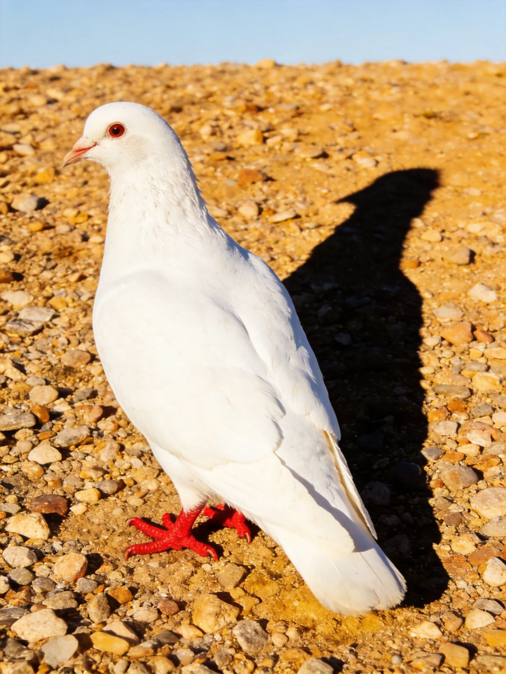 A white pigeon with bright red feet on gravelly ground