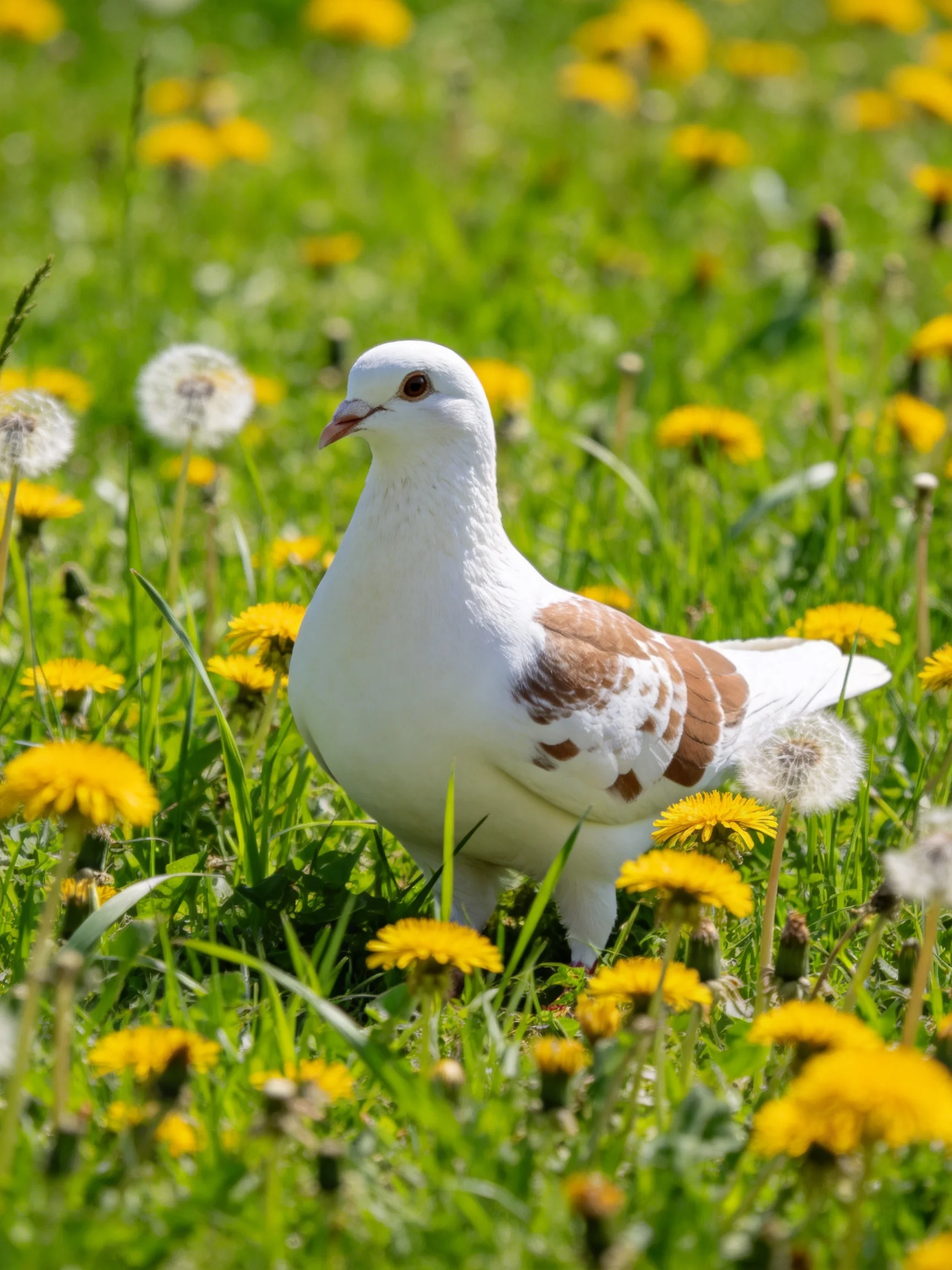 A white pigeon with brown markings in a meadow of yellow dandelions