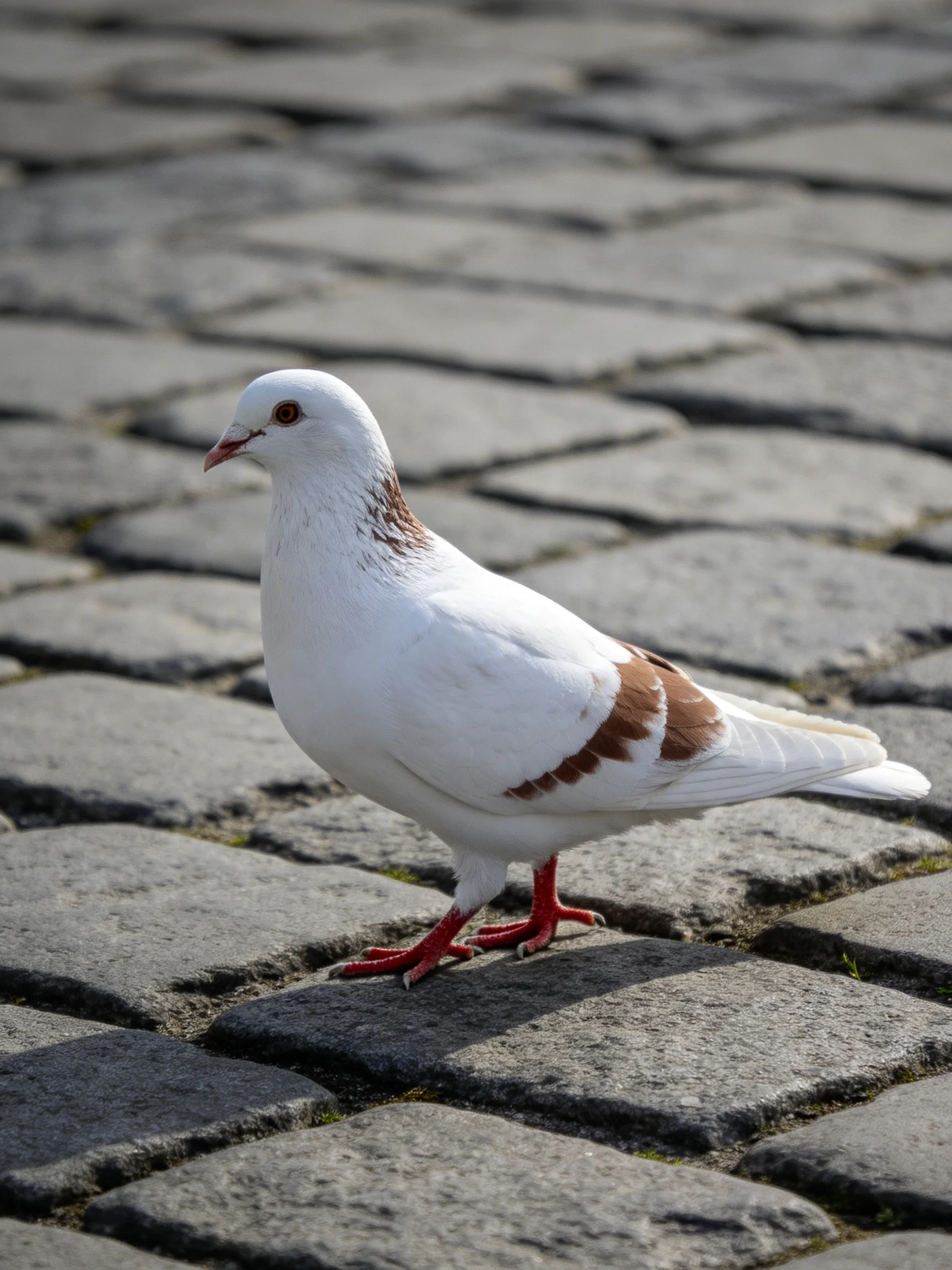 A white pigeon with brown markings on cobblestone pavement