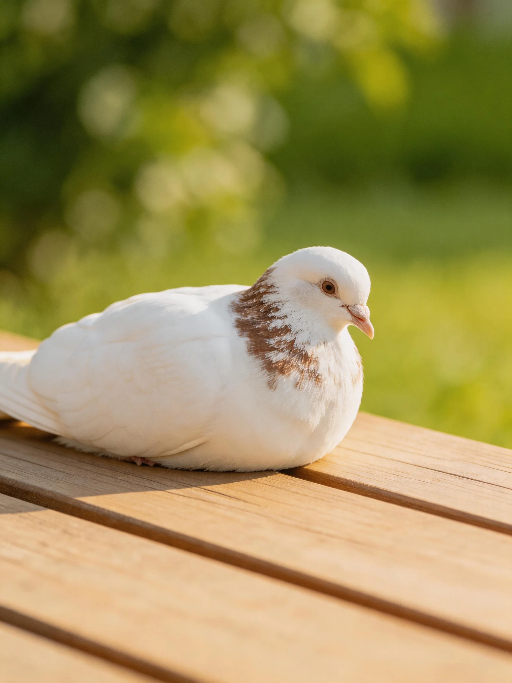 A white pigeon with brown markings rests on a wooden bench