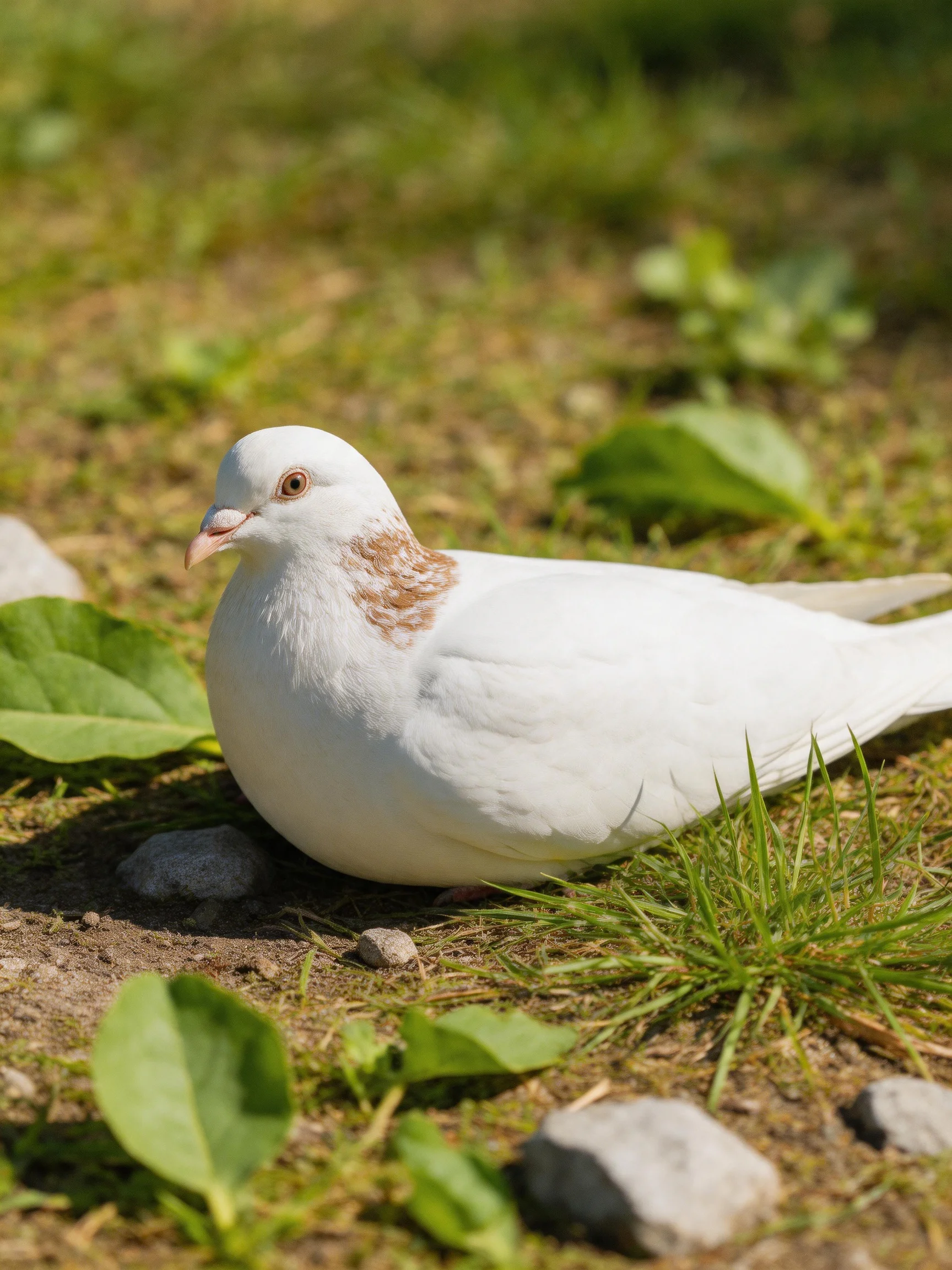 A white pigeon with brown markings rests on green grass near small stones