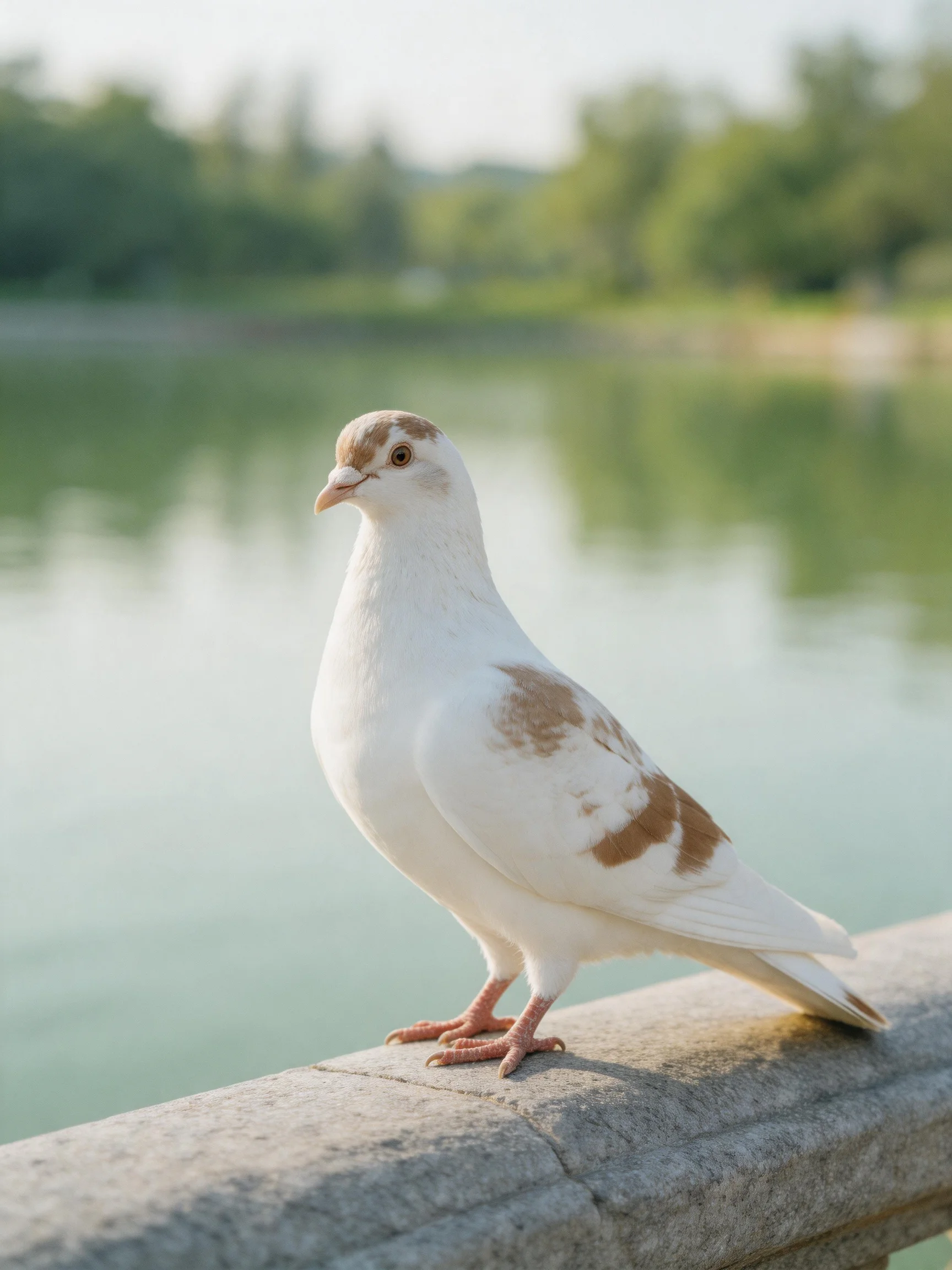 A white pigeon with brown patches perched by calm water