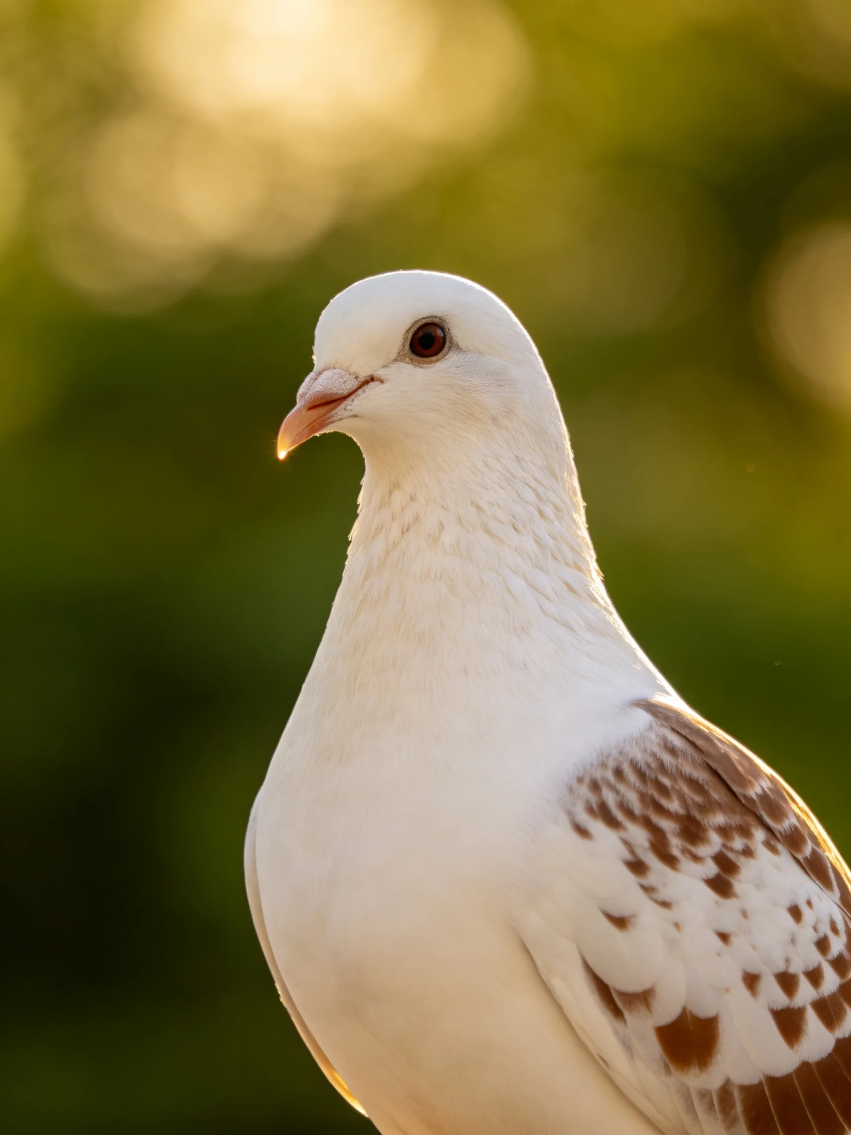 A white pigeon with brown-spotted wings against blurred green backdrop