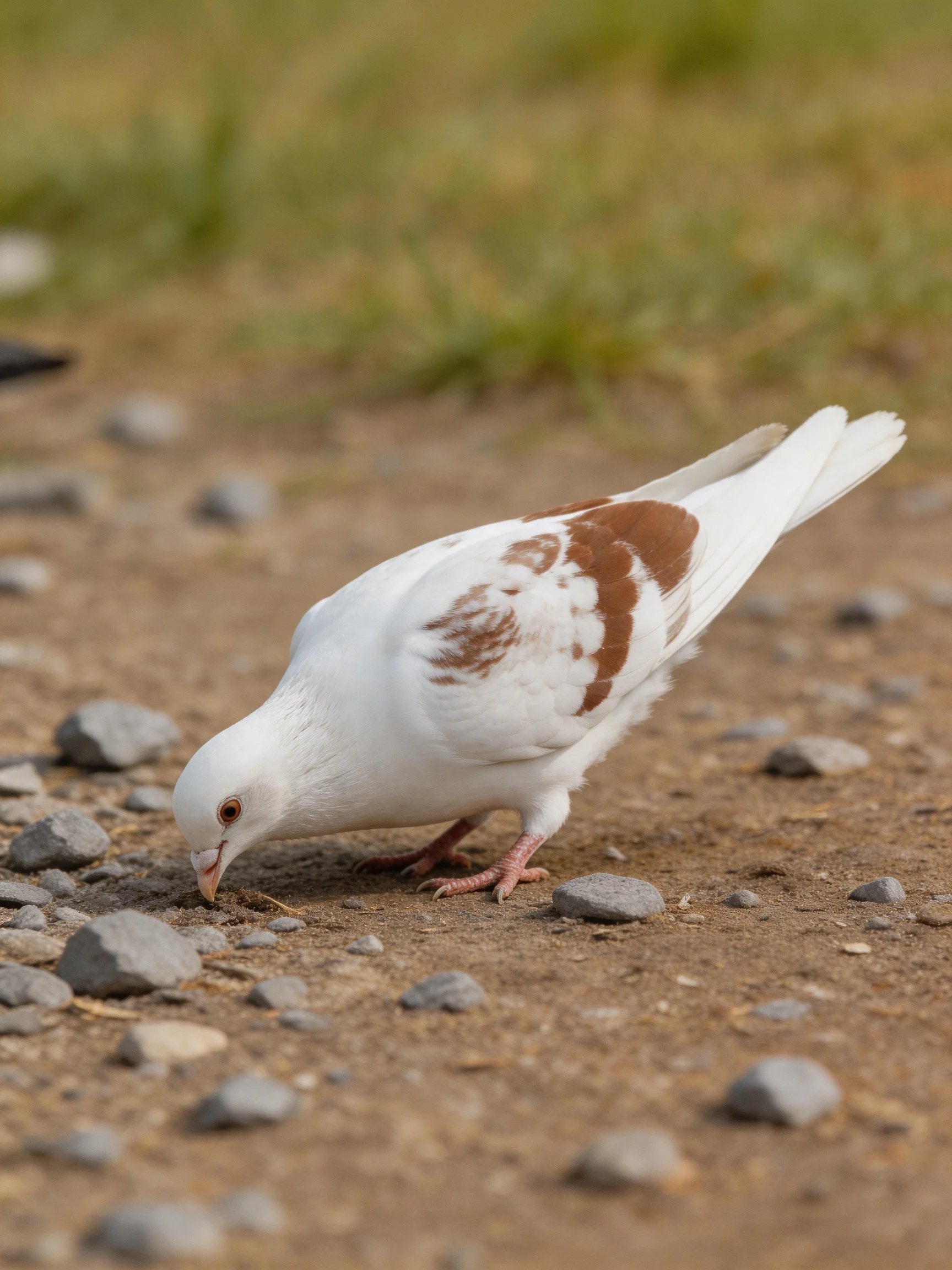 A white pigeon with brown wing patches foraging on gravelly ground