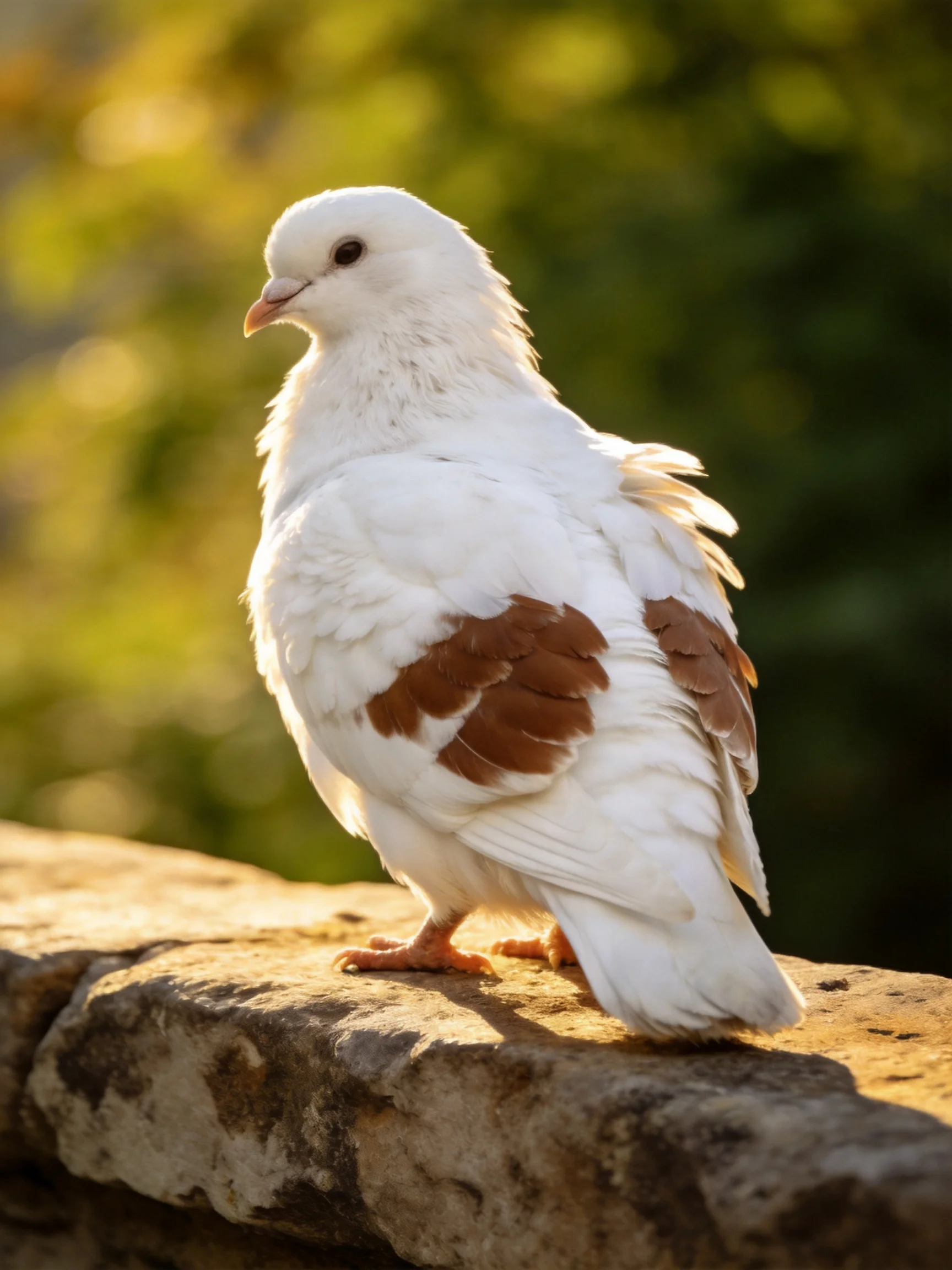 A white pigeon with brown wing patches perched on a weathered stone ledge