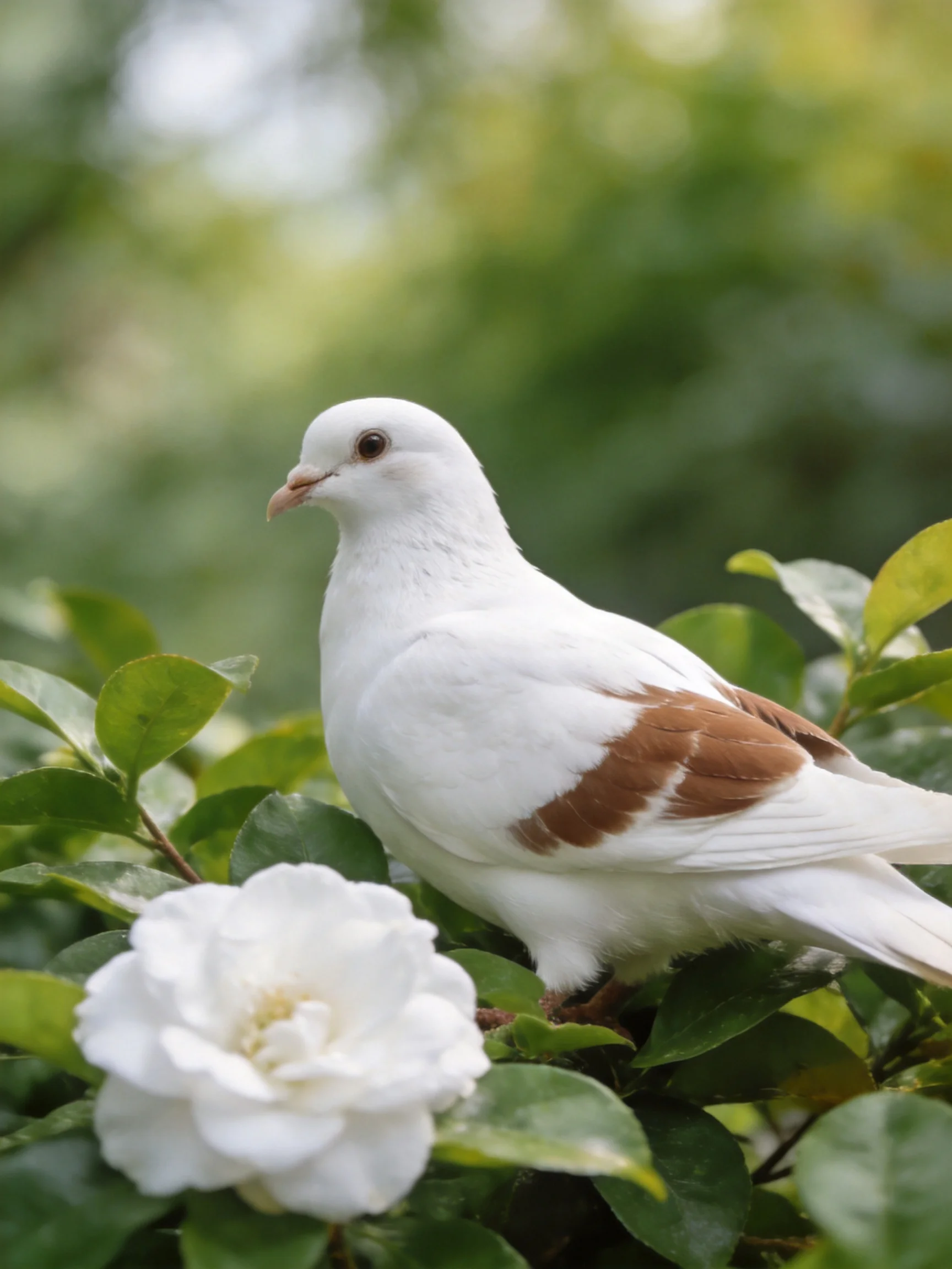 A white pigeon with brown wing patches perches near a white flower among green leaves