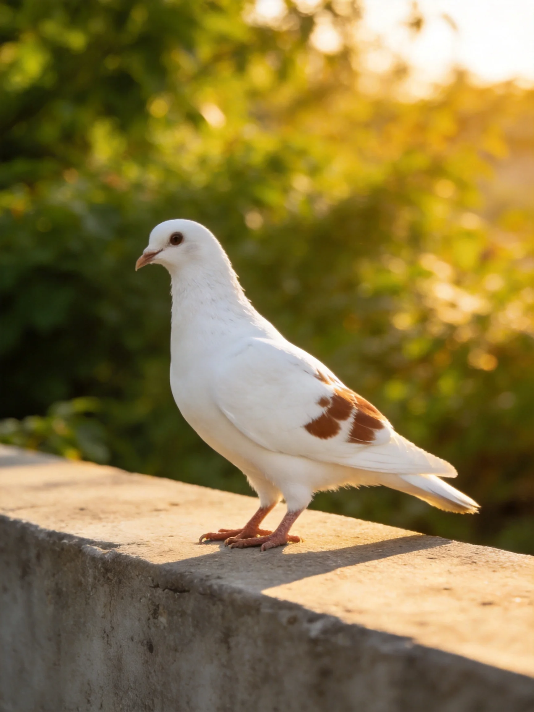 A white pigeon with brown wing patches perches on a concrete ledge near green foliage