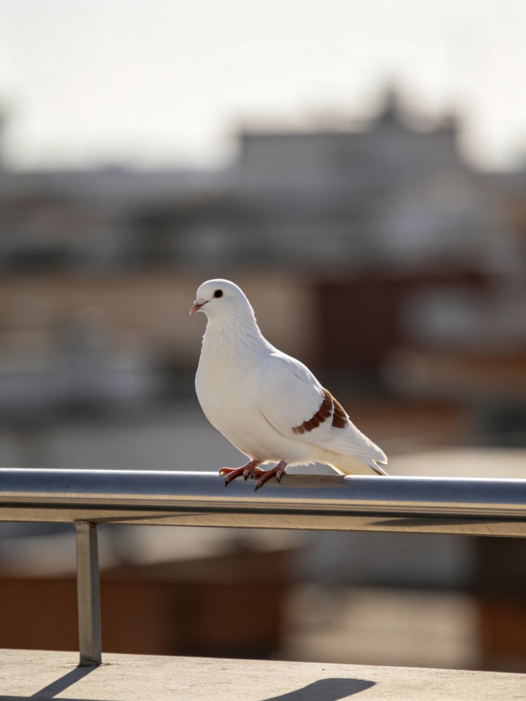 A white pigeon with brown wing patches perches on a metallic railing