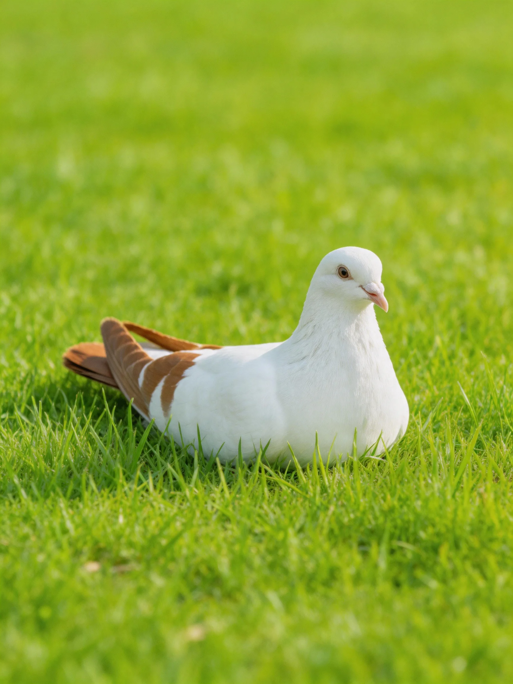 A white pigeon with brown wing patches rests on lush green grass