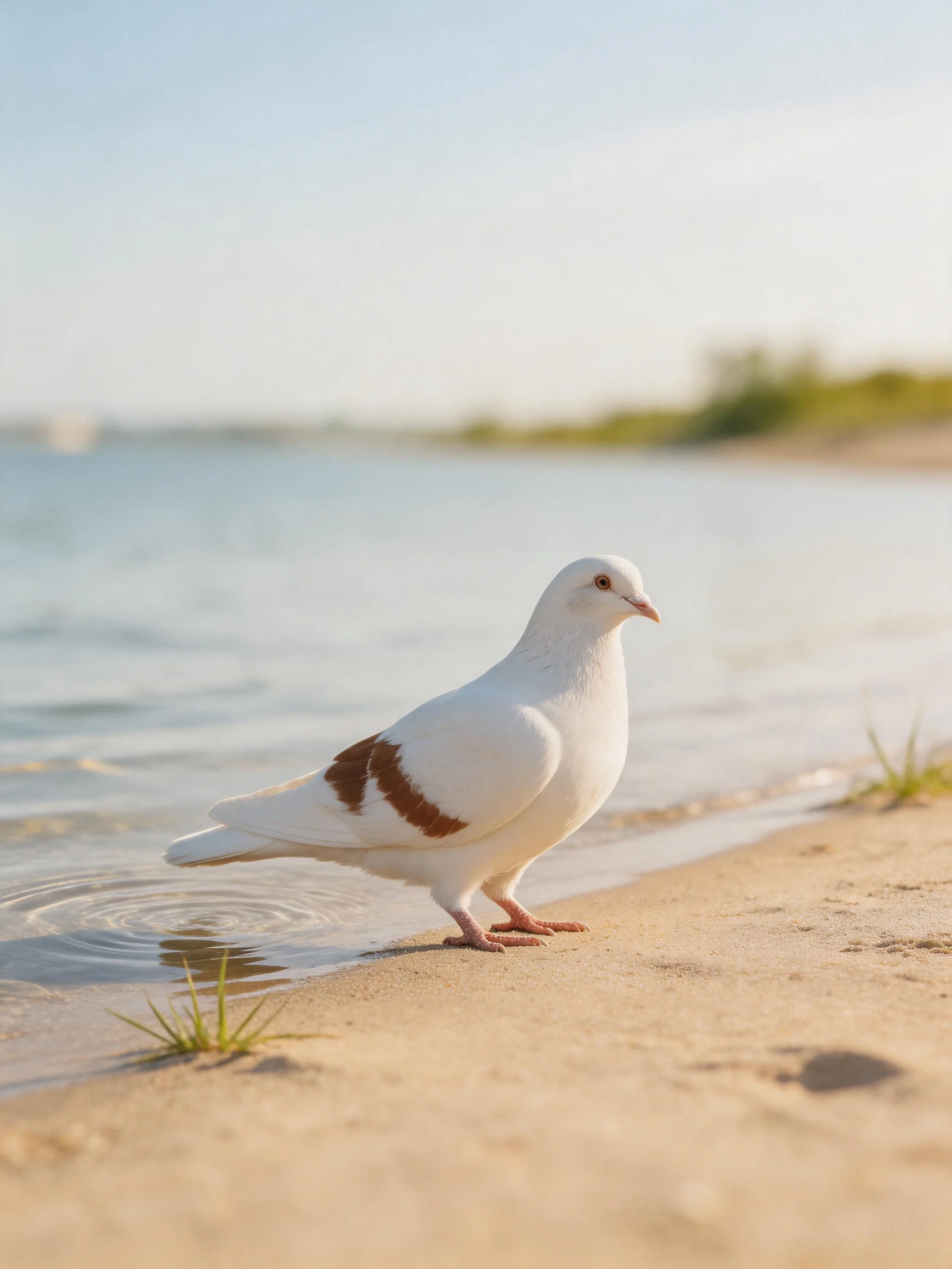 A white pigeon with brown wing patches stands on a sandy shoreline