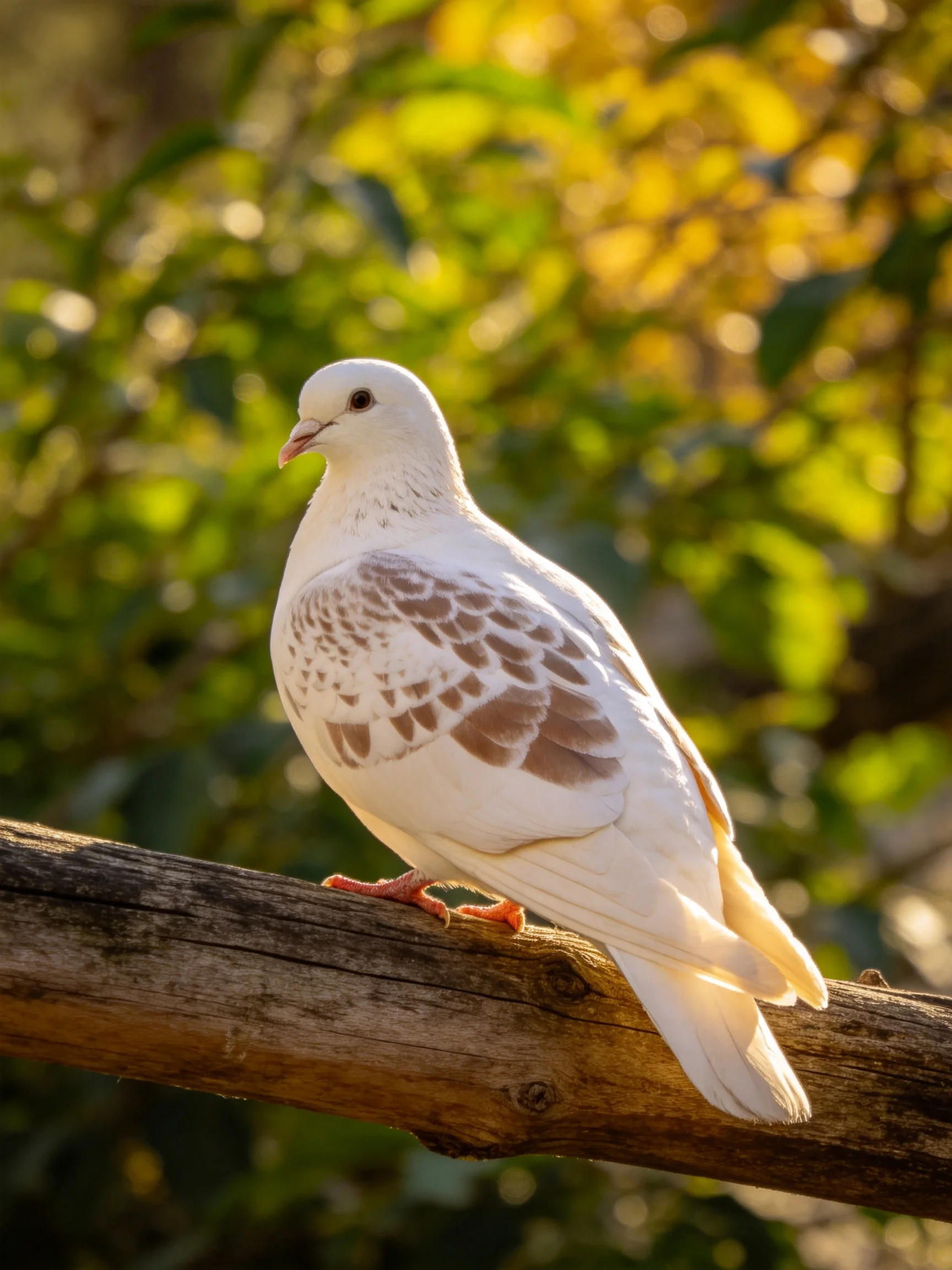 A white pigeon with brown wing patterns perches on a weathered wooden branch