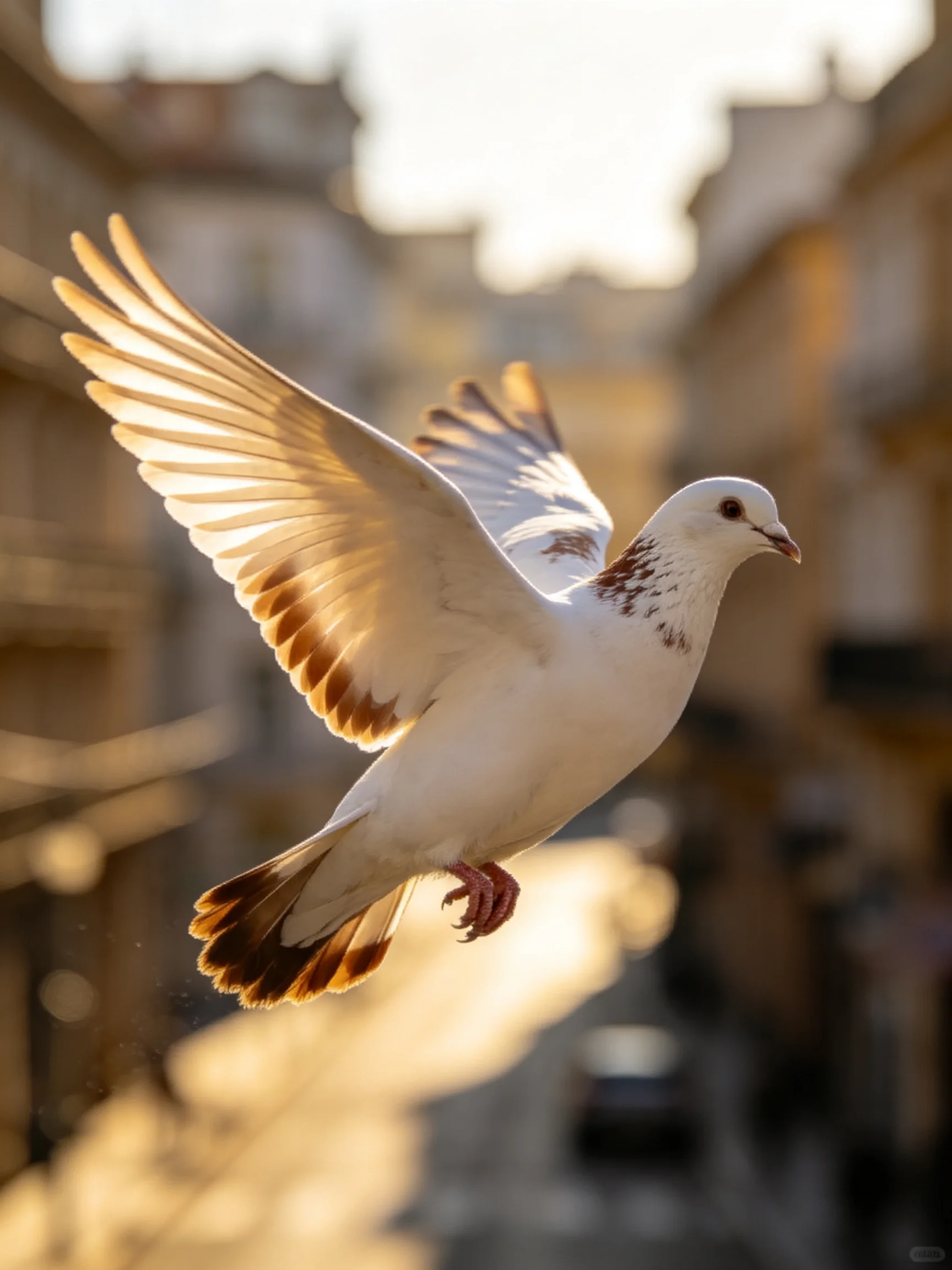 A white pigeon with brown wingtips soaring over a sunlit urban street