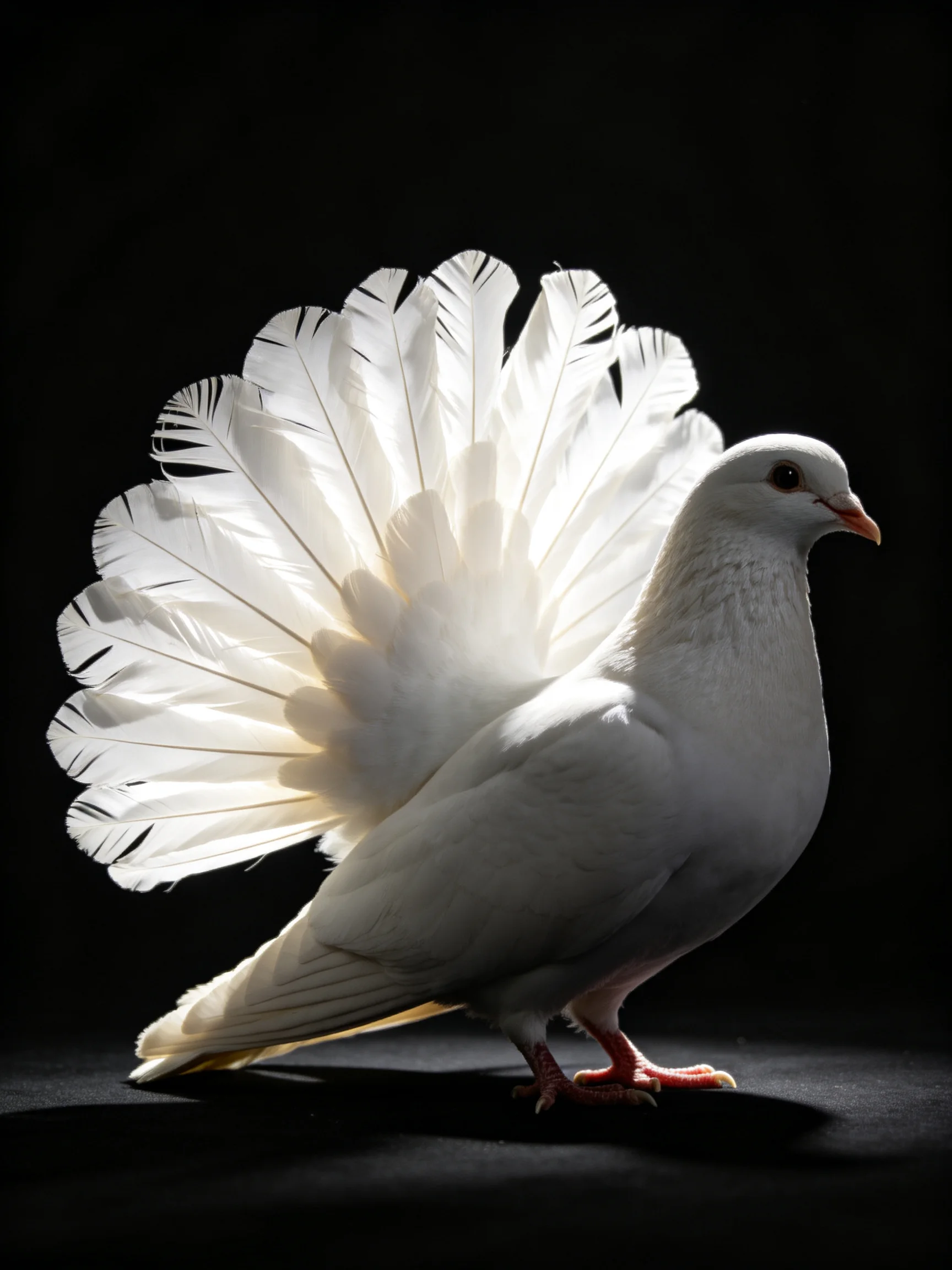 A white pigeon with fanned tail feathers on a dark backdrop