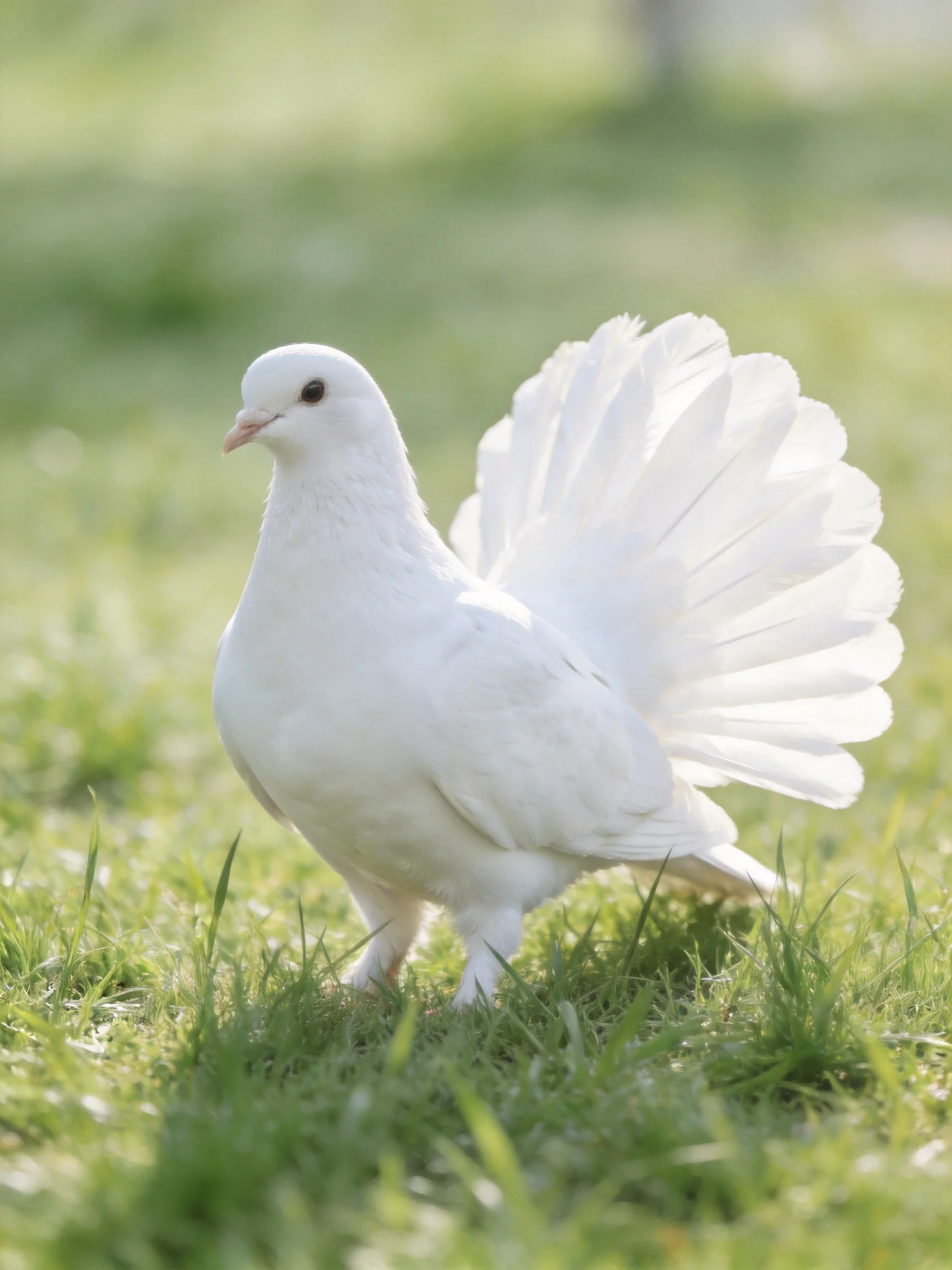 A white pigeon with fanned tail on green grass