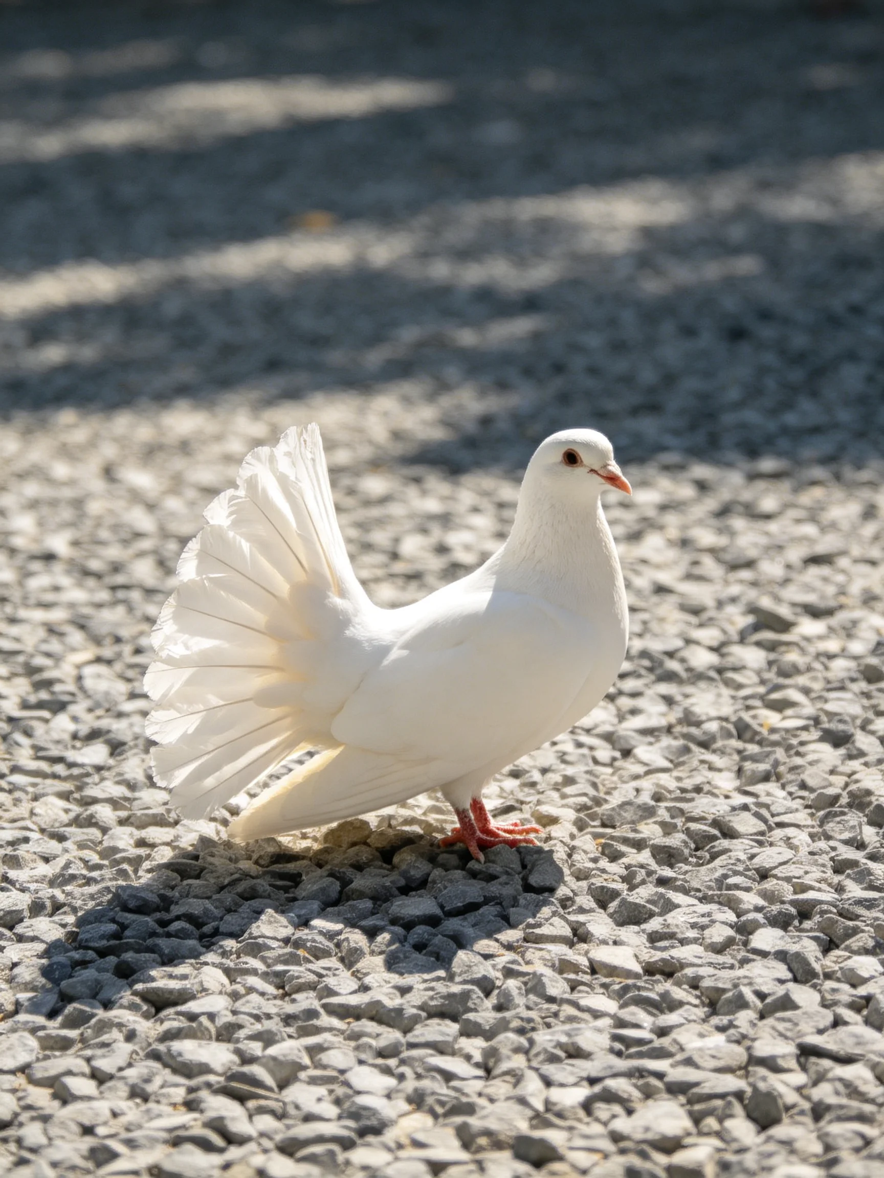 A white pigeon with fanned tail standing on gravel under sunlight