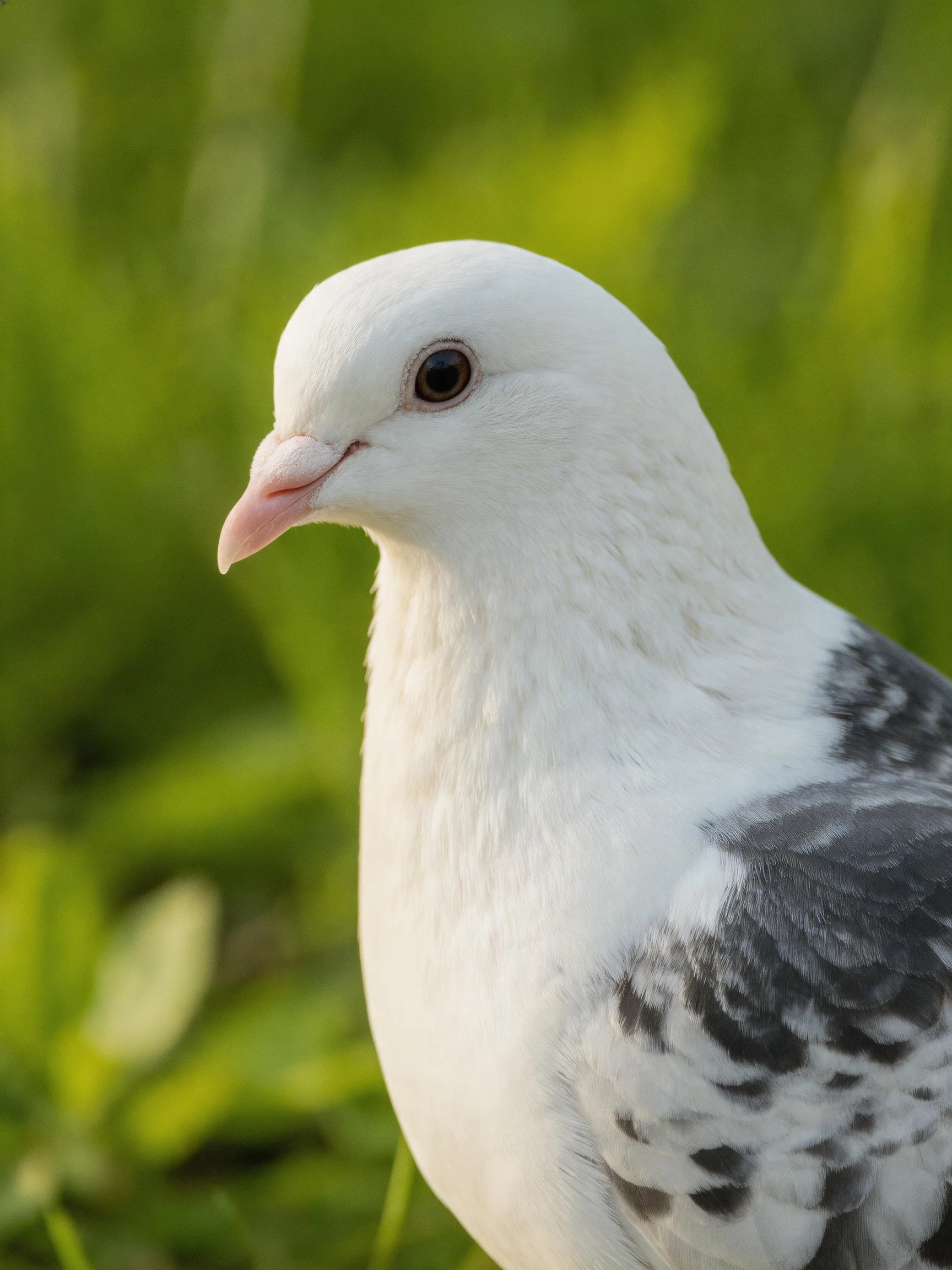A white pigeon with gray wing patches amidst lush green foliage