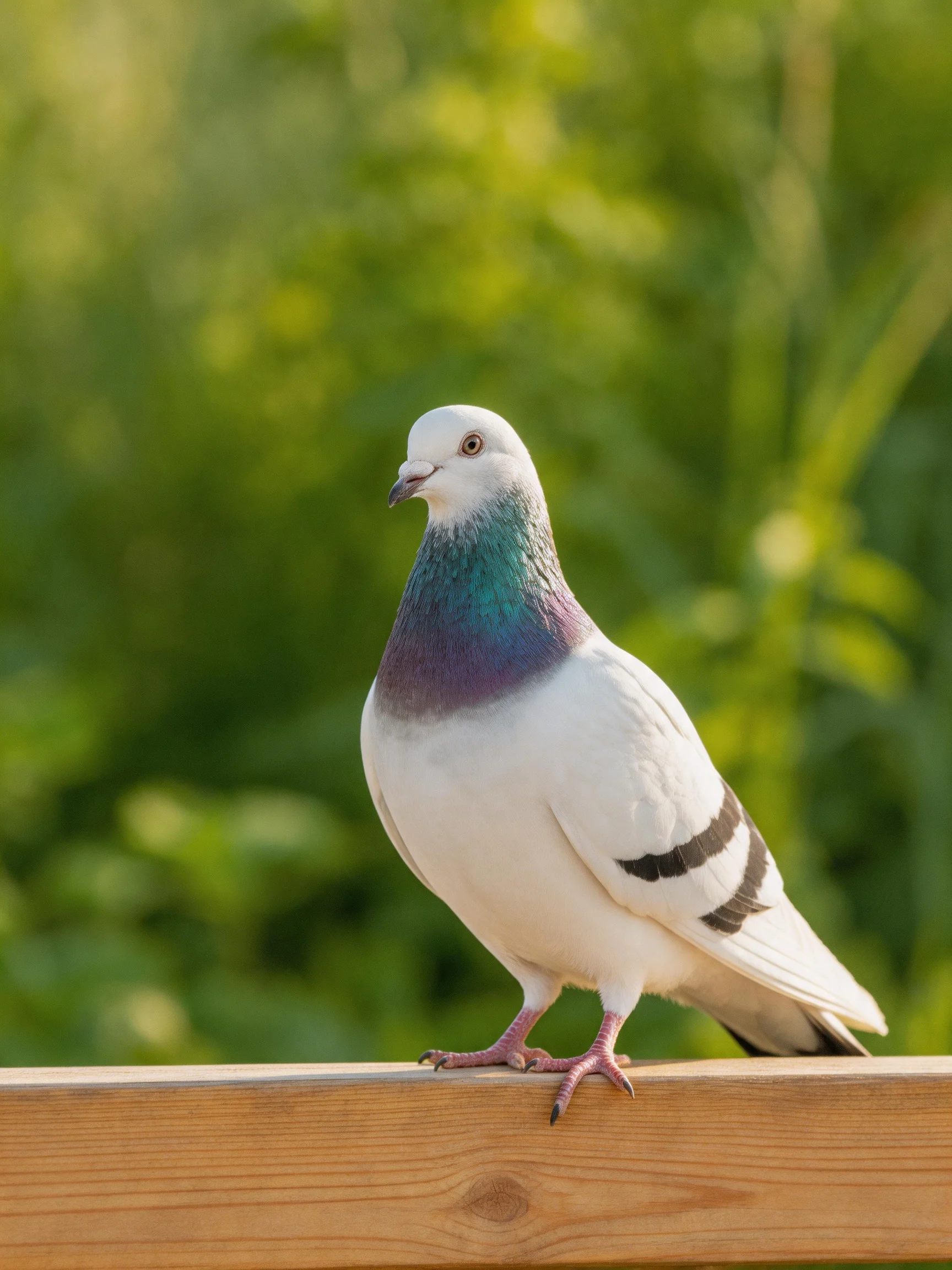 A white pigeon with iridescent purple-green neck perched on wooden rail
