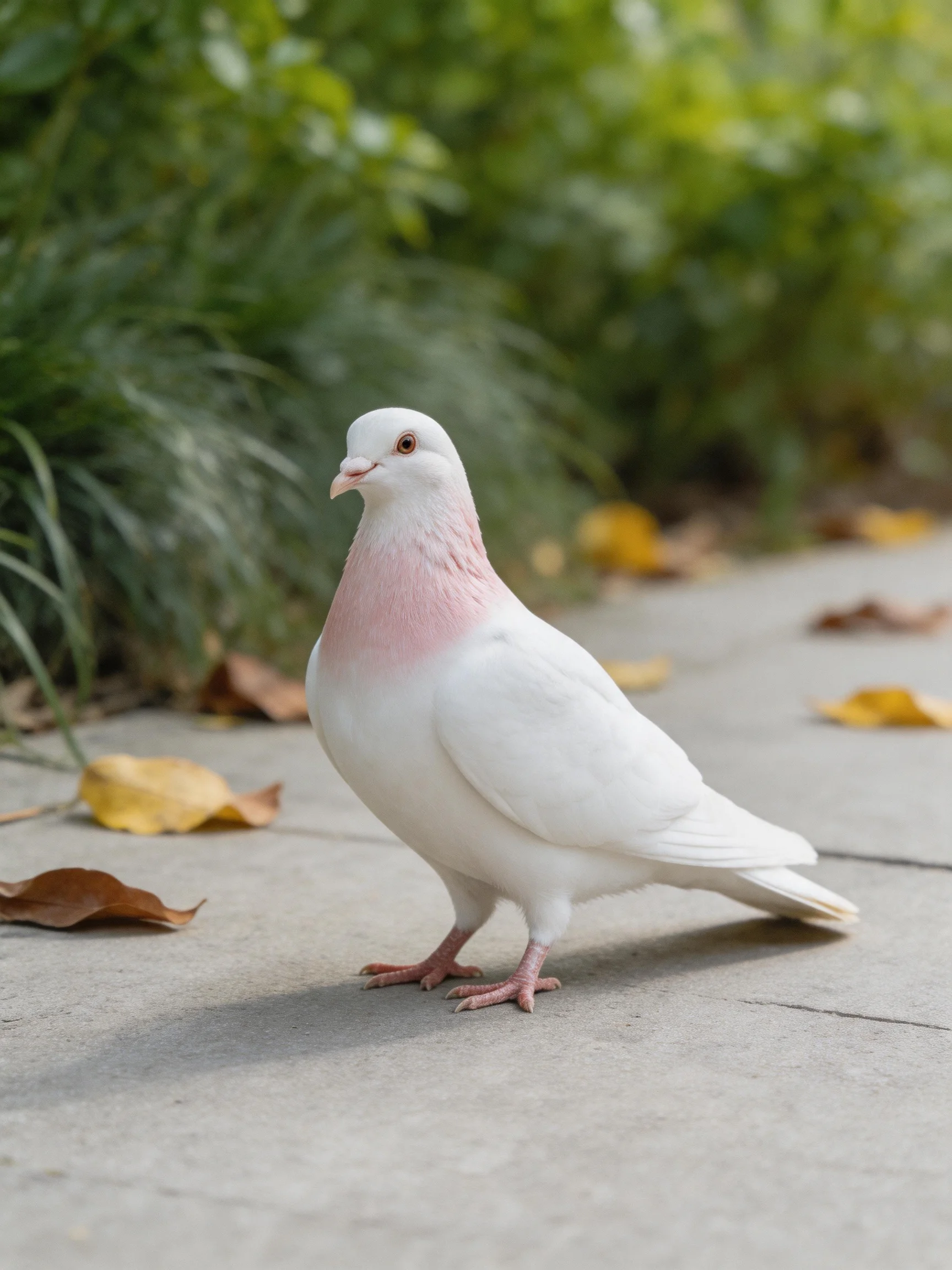 A white pigeon with pink neck on paved walkway near greenery