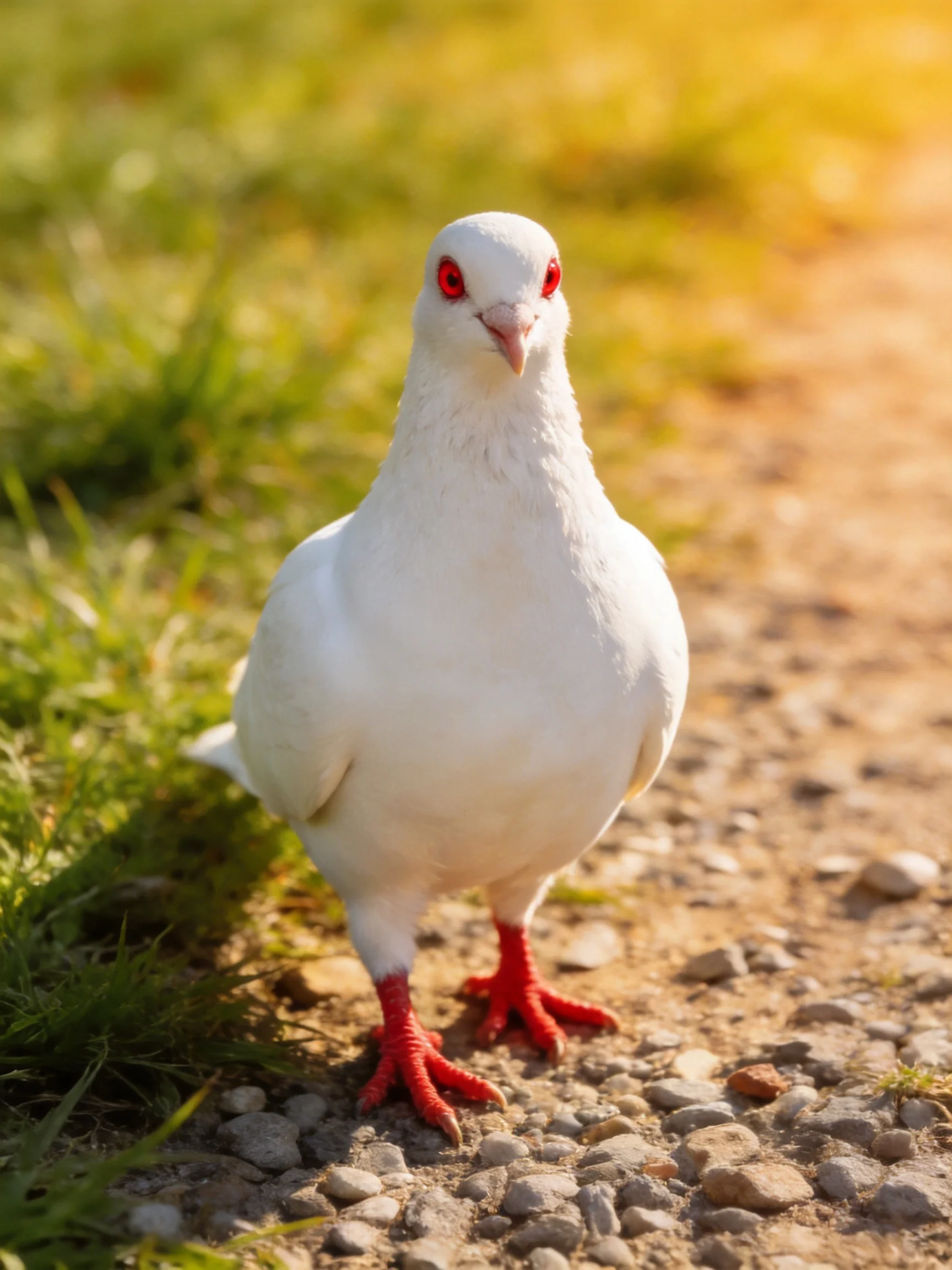 White pigeon with red features stands on gravel path near grass